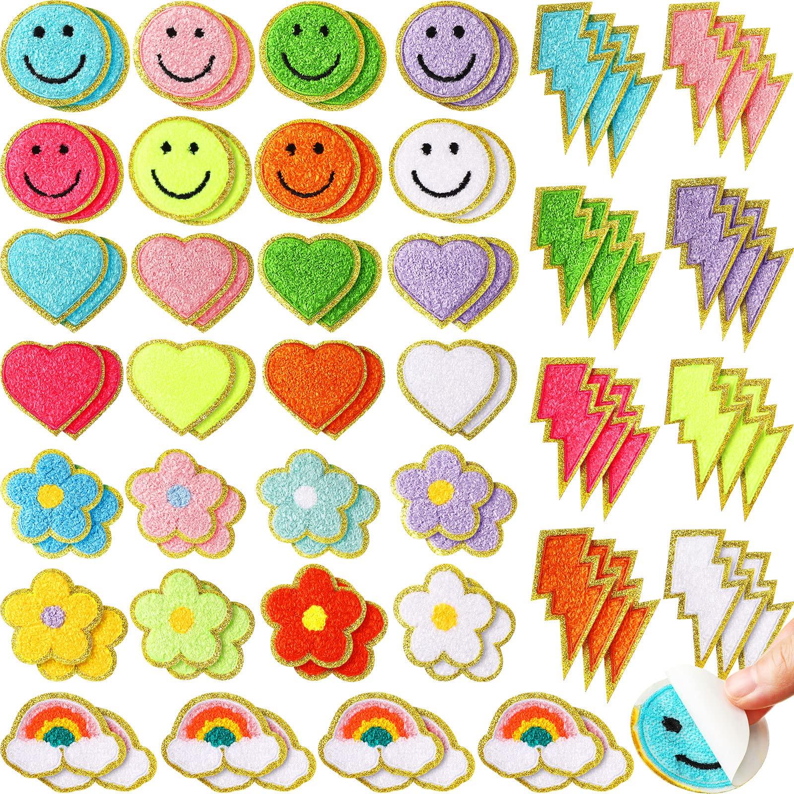 Hanaive 80 Pcs Chenille Patches Self Adhesive Patches 3D Cute Embroidered Rainbow Lightning Smile Face Heart Applique Sewing Badges Patch for Fabric Clothing Jackets Jeans DIY (Self Adhesive)