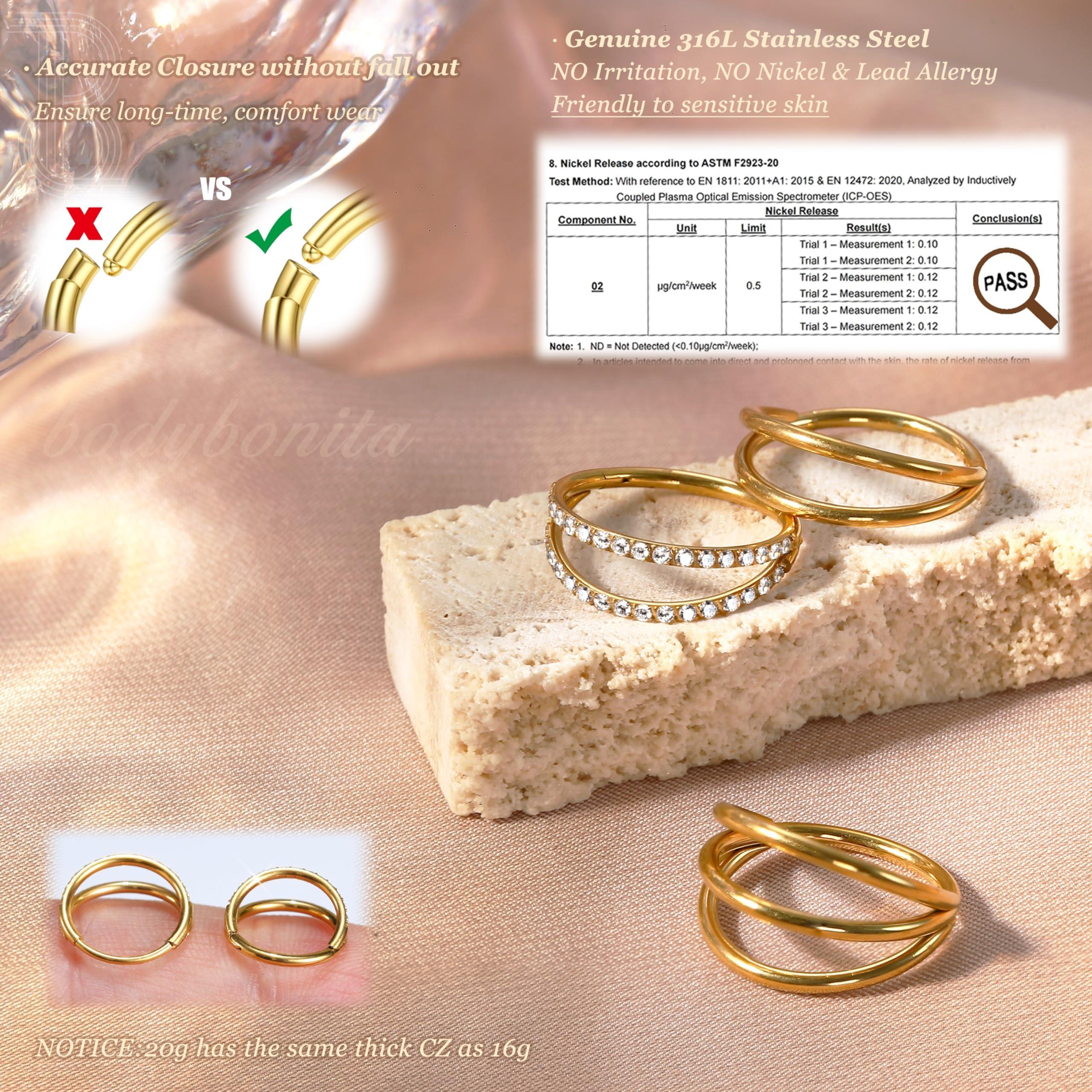 BodyBonita Triple/Double Hoop Nose Ring - 316L Stainless Steel Septum Clicker 16G/18G/20G CZ Conch Piercing Jewelry Septum Clicker Rings Cartilage Earring Helix Rook Tragus Gold/Black/Silver/Rose Gold - Image 2