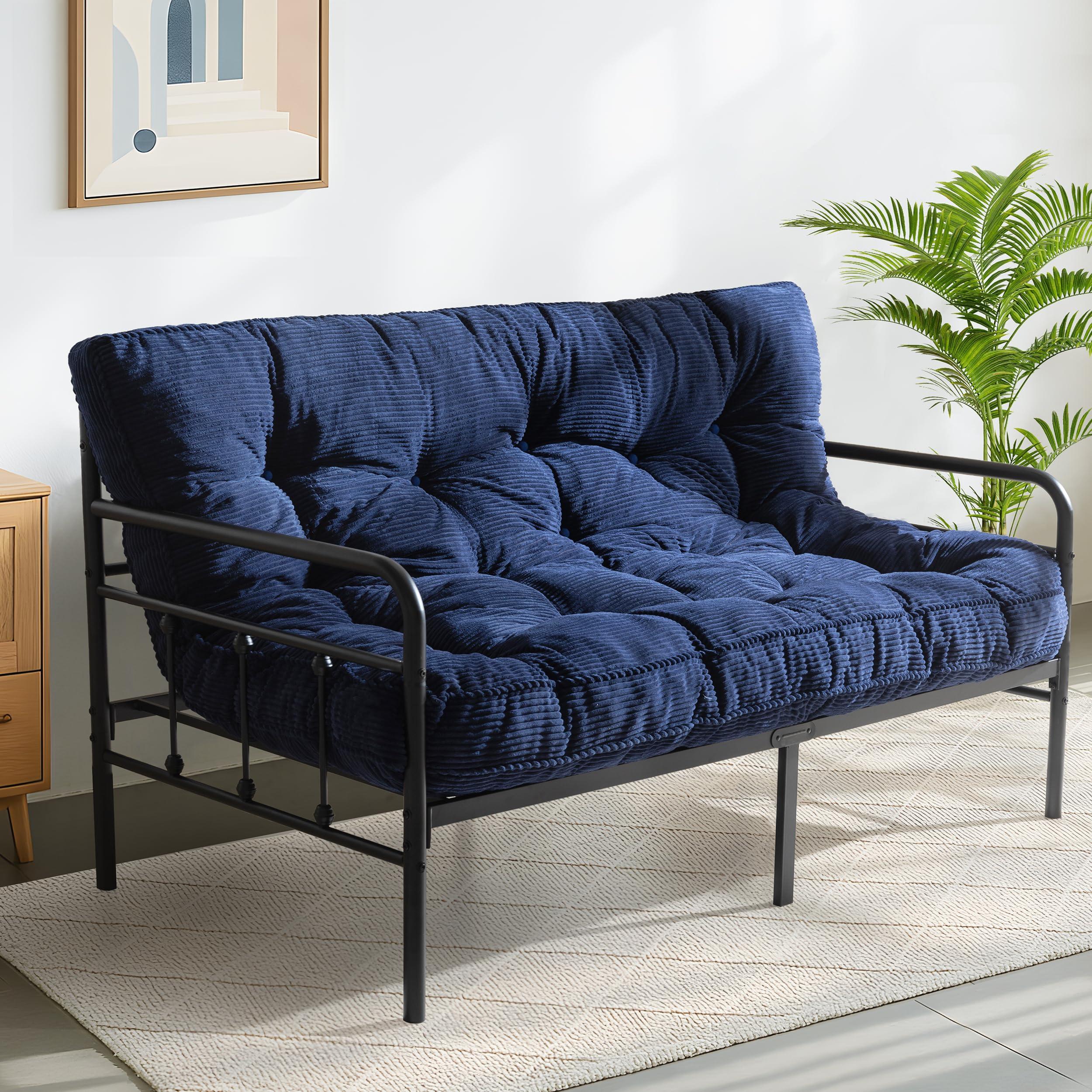 MAXYOYO 6" Futon Mattress Full Size, Tufted Futons Sofa Couch Bed with Twisted Rope Design Edging, Thick Corded Fabric Floor Mattress for Adults, Shredded Foam Filling (Frame Not Included), Navy
