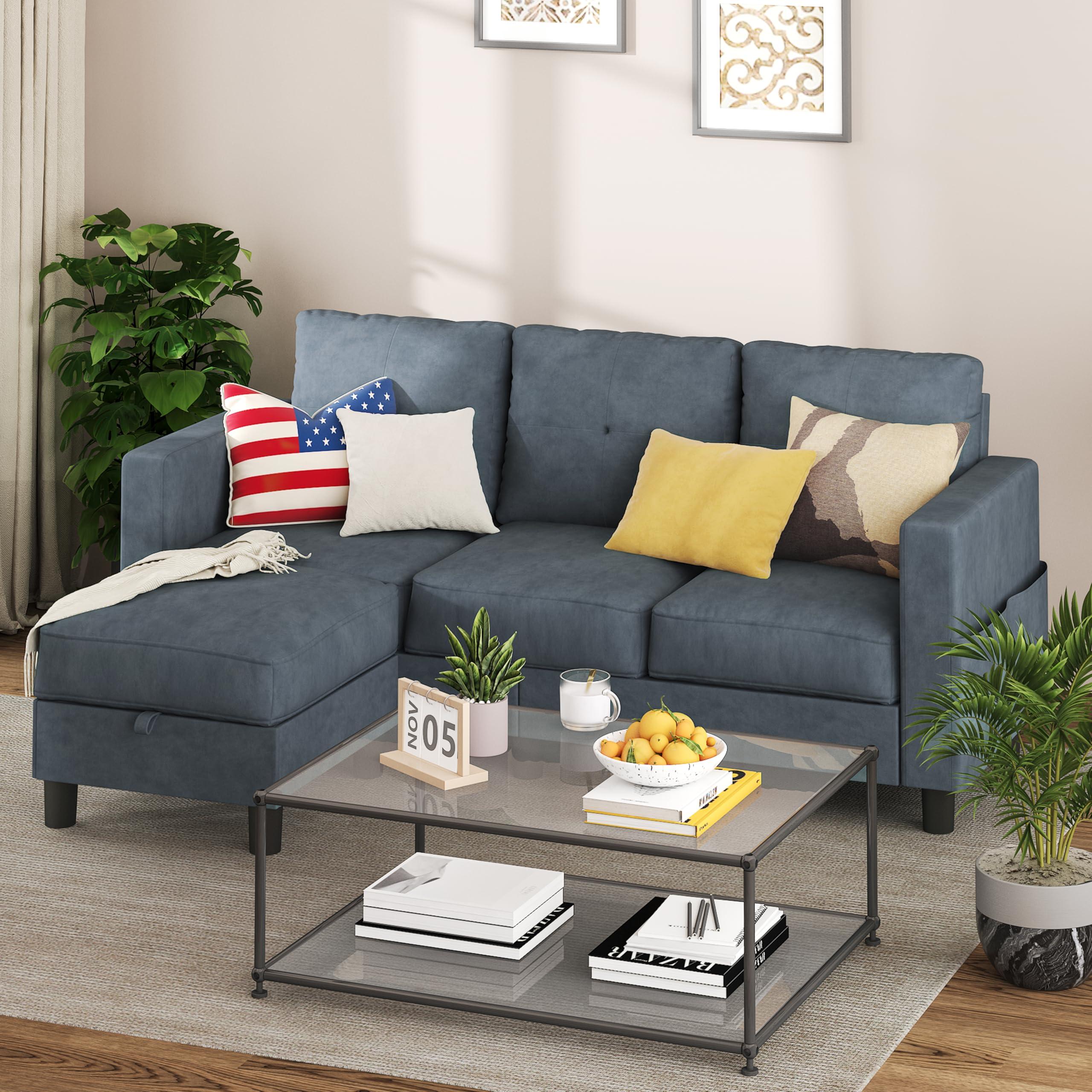 Shintenchi Small Sectional Couch with Ottoman, 3 Seat L Shaped Sofa, Fabric Upholstered Convertible Sofa Couches, Small Couch for Apartments, Living Room and Office(Dark Grey) - Image 5