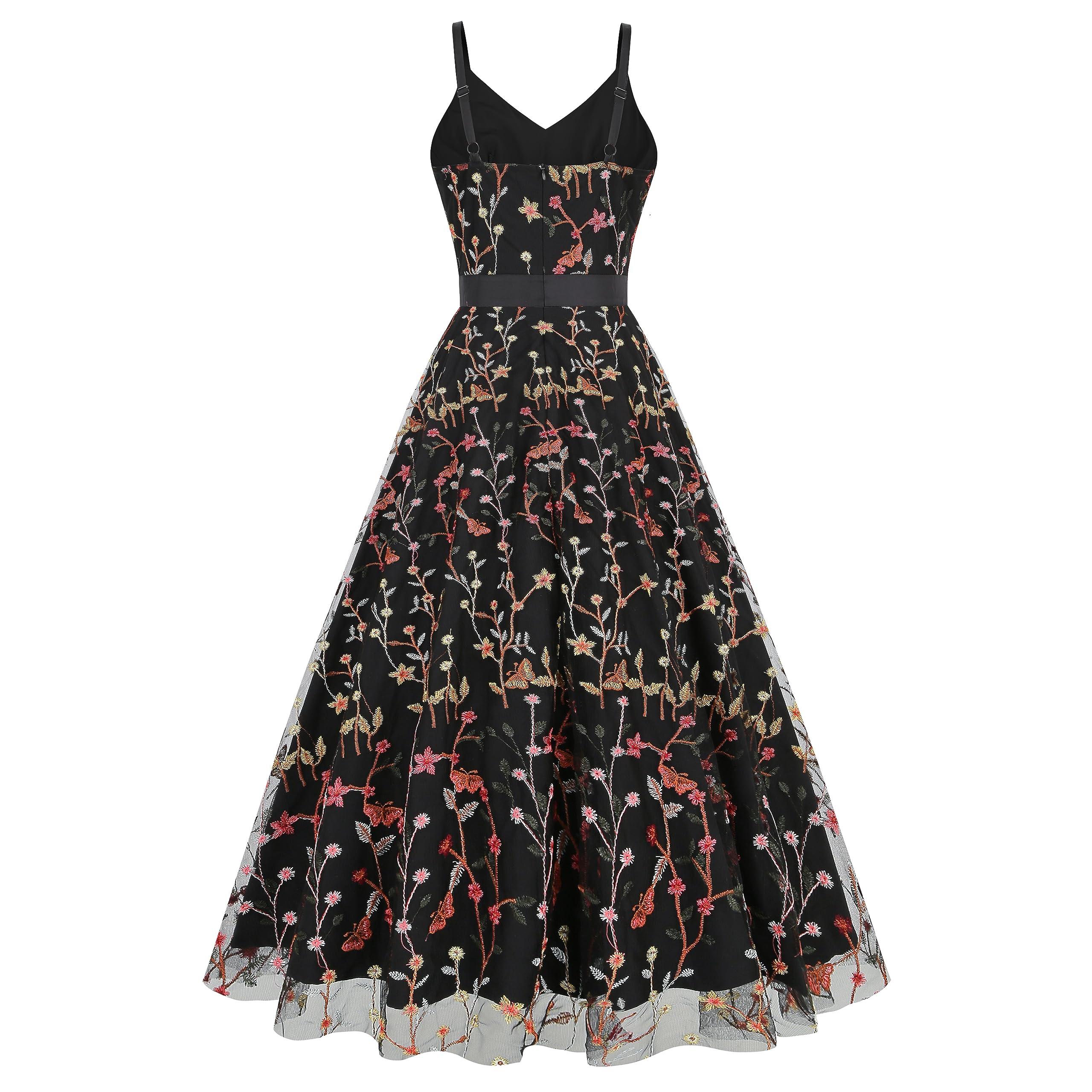 Long Floral Embroidery Dress for Women Flower Embroidered Maxi Dress Spaghetti Straps Formal Evening Party Tulle Prom Dress - Image 2