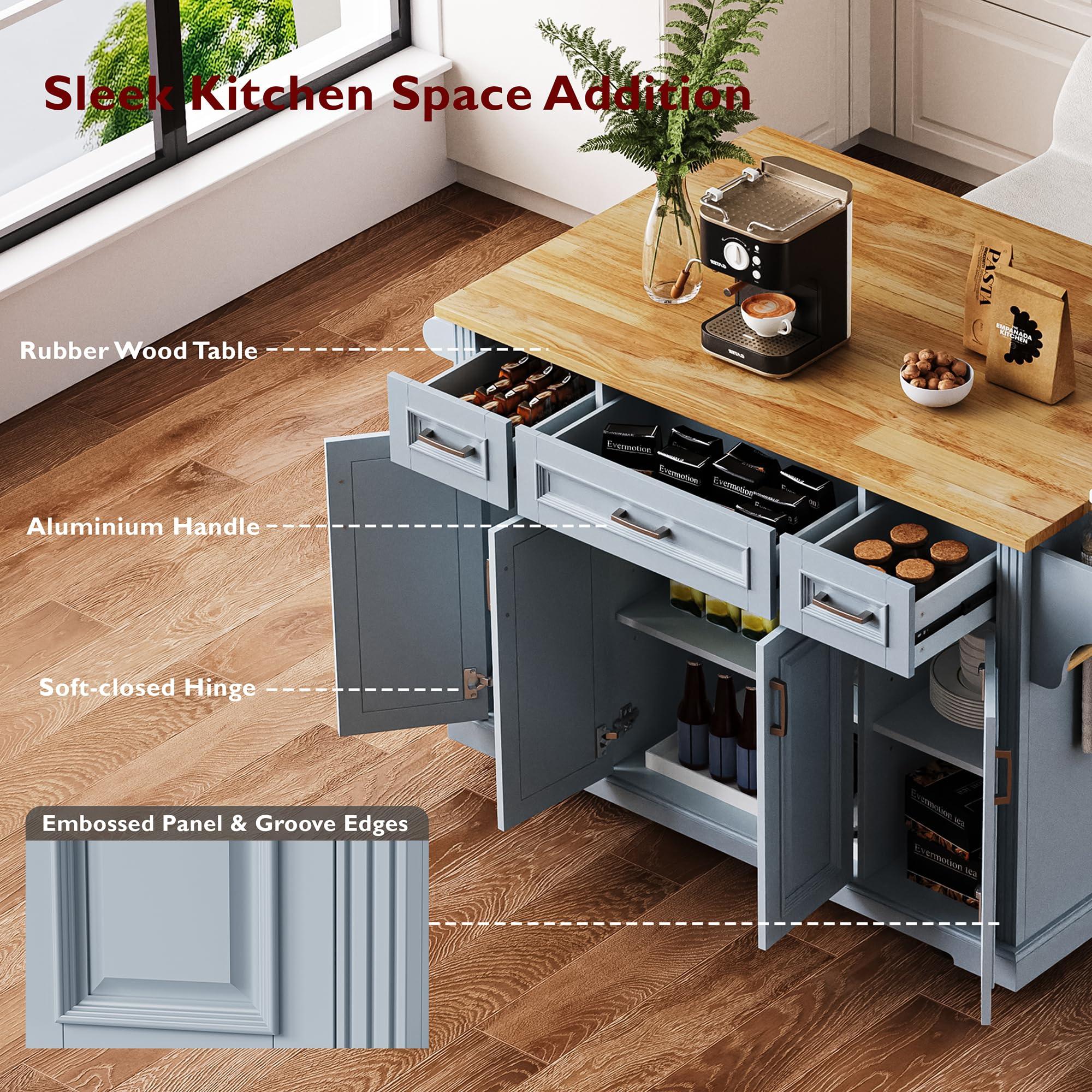 Ball & Cast Large Kitchen Island with Rubber Wood Drop Leaf,Embossed Texture Rolling Kitchen Cart On 4 Wheels W/4 Doors&3 Drawers,Mobile Kitchen Islands W/Storage for Kitchen,Dining Room,Grey Blue,54" - Image 4