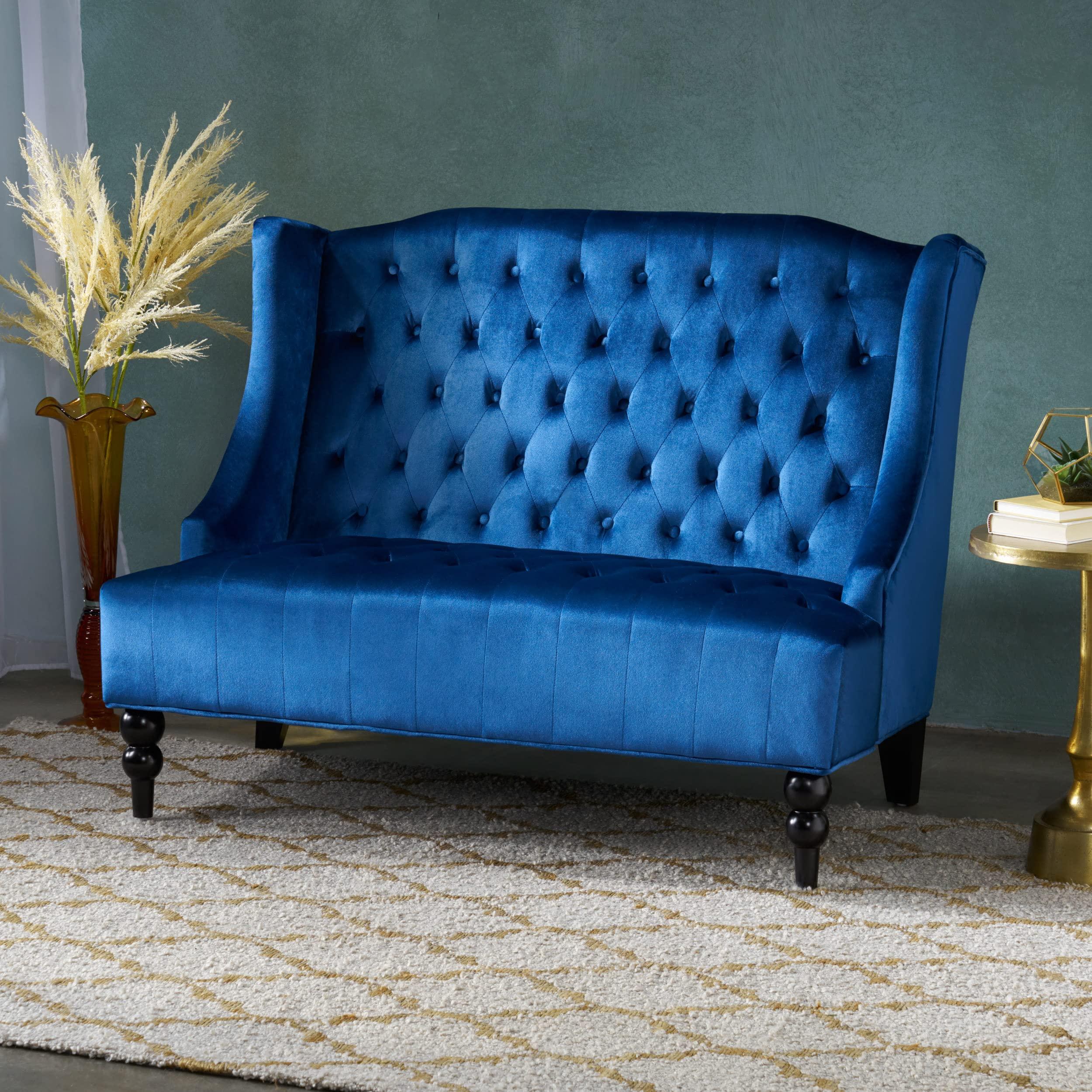Christopher Knight Home Leora Traditional Tufted Velvet Wingback Loveseat, Navy Blue / Dark Brown - Image 2