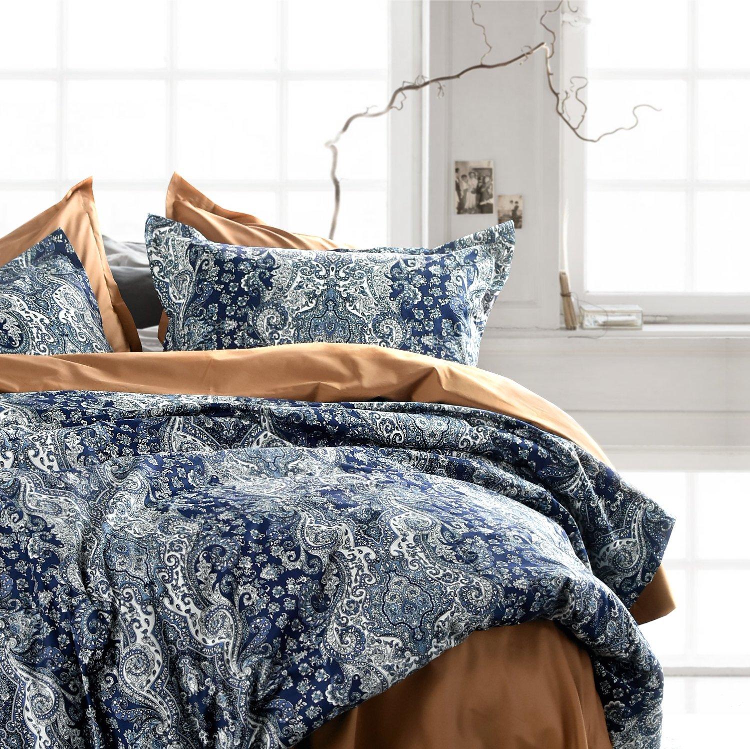 Eikei Home Damask Medallion Luxury Duvet Quilt Cover Boho Paisley Print Bedding Set 400 Thread Count Egyptian Cotton Sateen Vibrant Bohemian Pattern (Midnight, Queen)