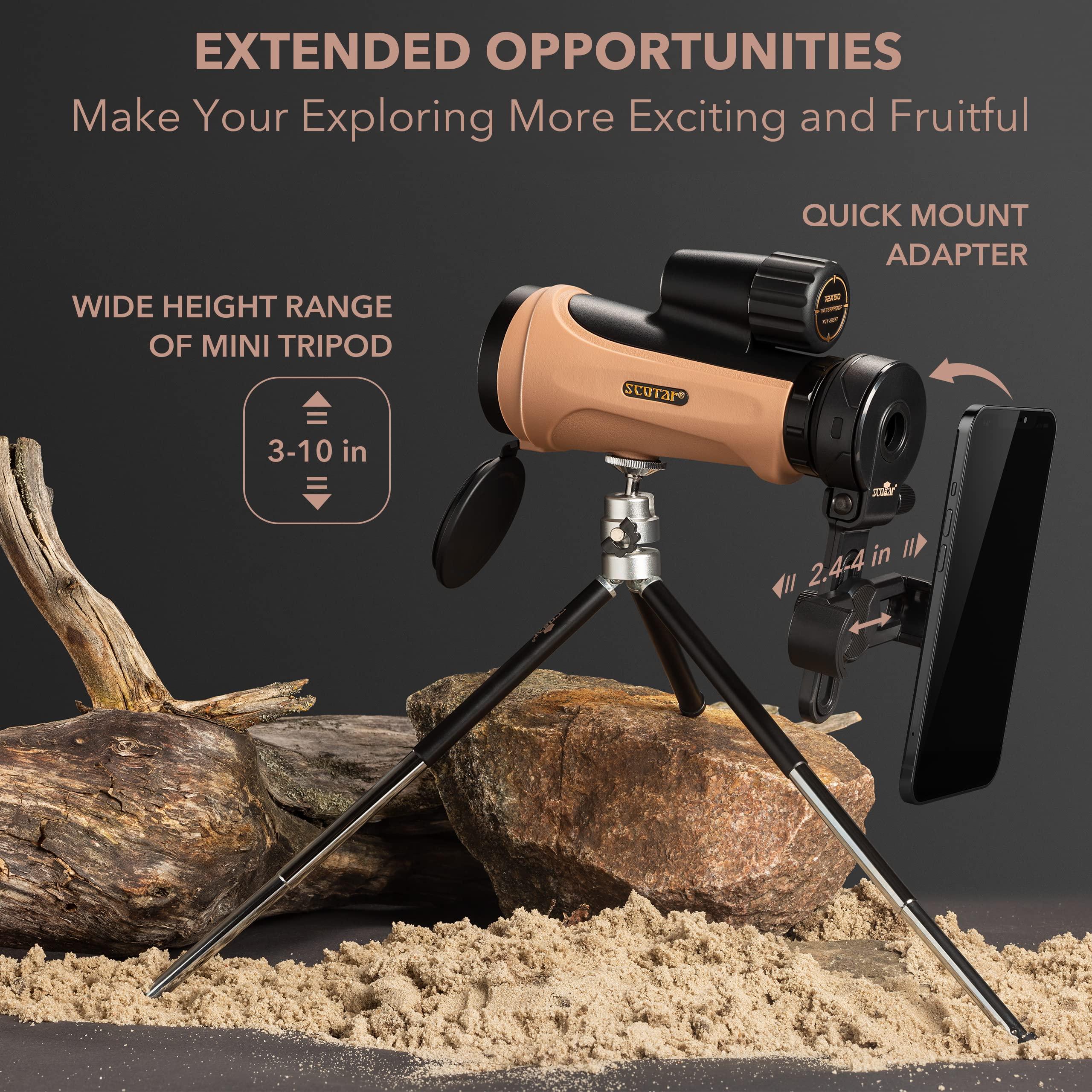 Scotar 12x50 Monocular Telescope - FMC Fogproof, IP67 Waterproof Hand Held Telescope - BAK4 Phase and Dielectric Coated Prism - Adventure Accessories Set: Bag, Smartphone Adapter, Mini Tripod - Image 5