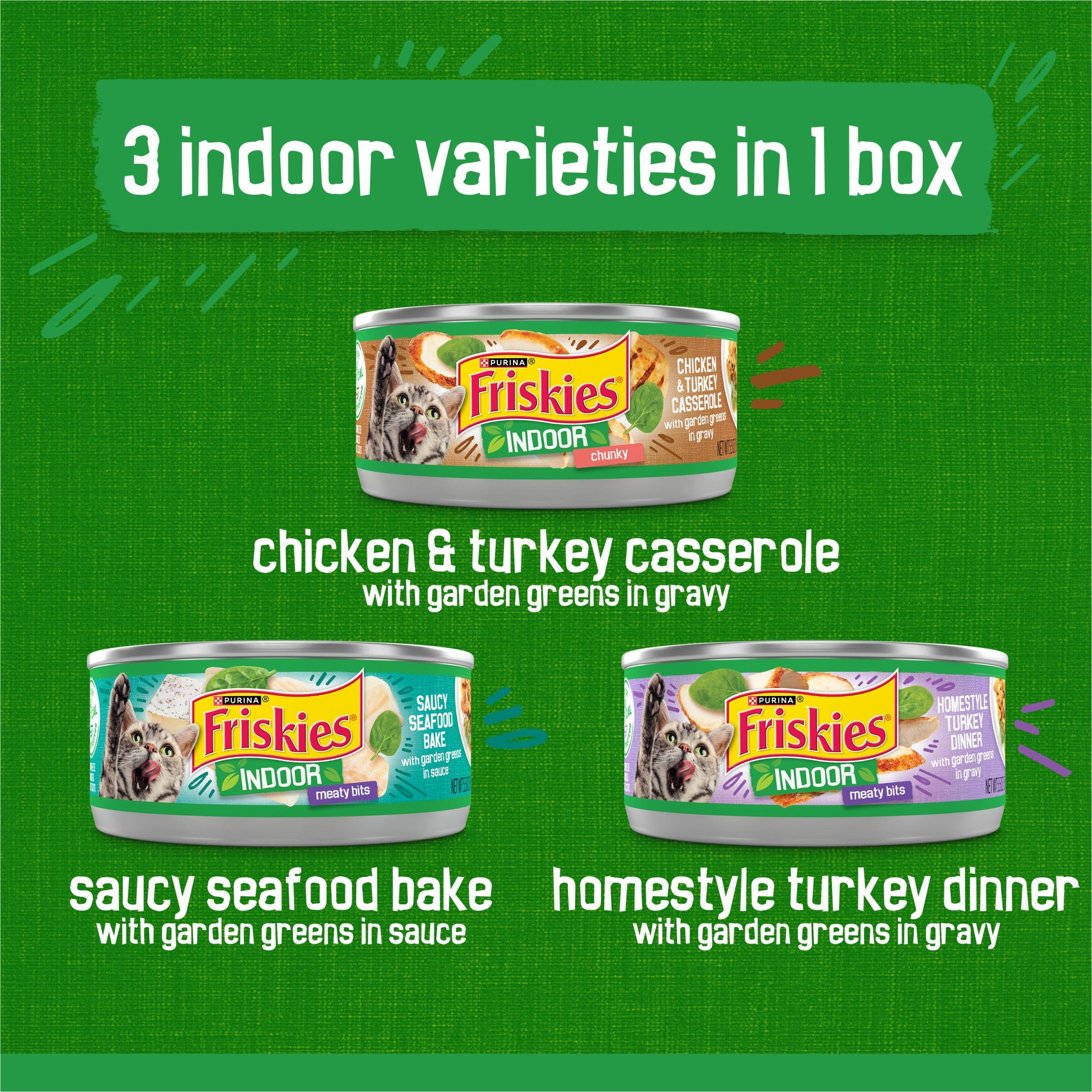 Purina Friskies Indoor Cat Food 24ct VP - (Chicken and Turkey Casserole, Saucy Seafood Bake, Homestyle Turkey Dinner) - (Pack of 24) 5.5 oz. Cans - Image 3