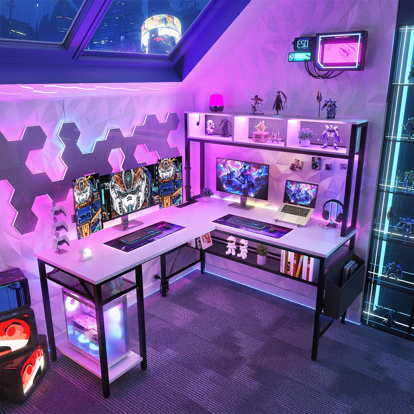 Unikito L Shaped Computer Desk with LED Strip and Power Outlets, Storage Shelves and Bag, Industrial Reversible Gaming Table Writing Corner Desk for Home Office Workstation, White - Image 2