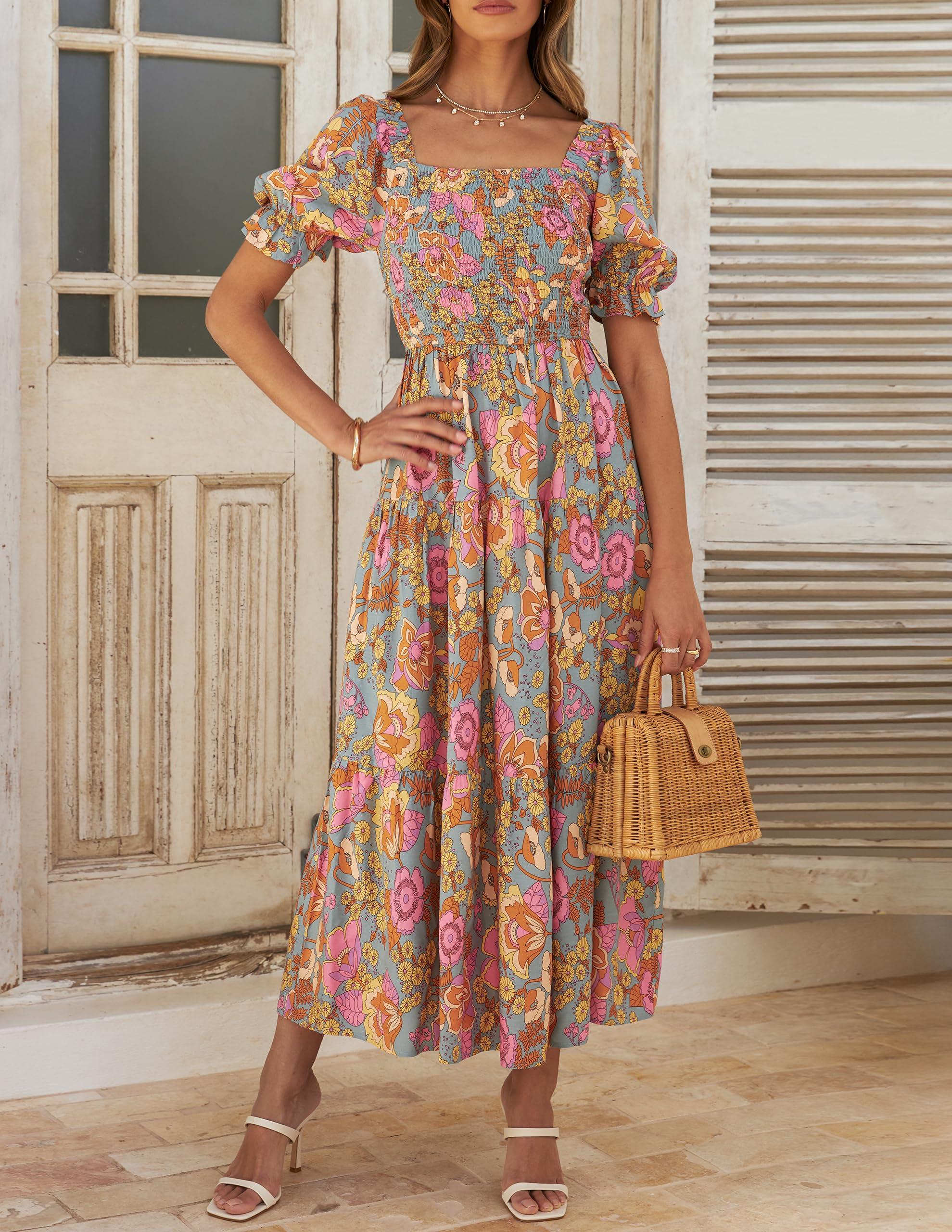 ZESICA Women's 2025 Summer Boho Floral Print Square Neck Ruffle Swing Beach Long Maxi Dress - Image 5