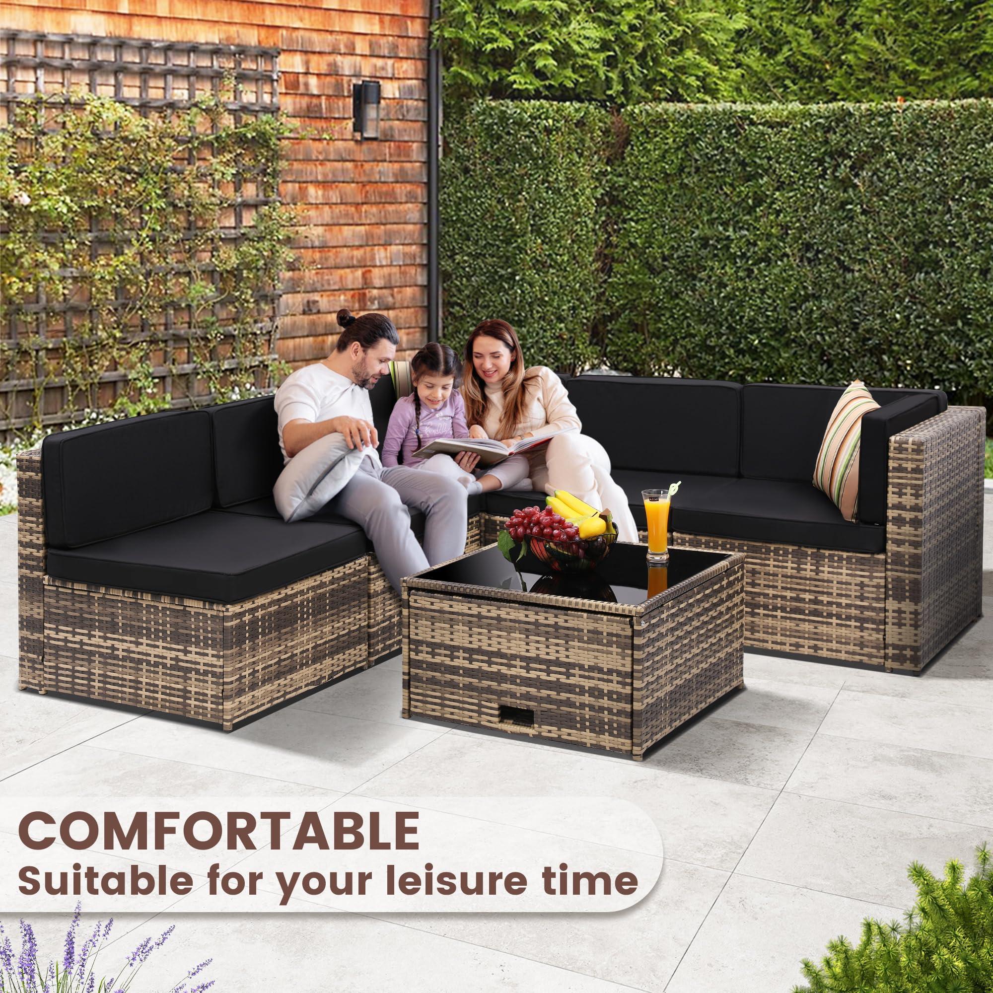 KROFEM 8 Piece Outdoor Wicker Patio Furniture Sectional Set, Glass Top Table with Hidden Storage, Includes 7 Seating Components, Natural Rattan with Black Overstuffed Cushions - Image 4