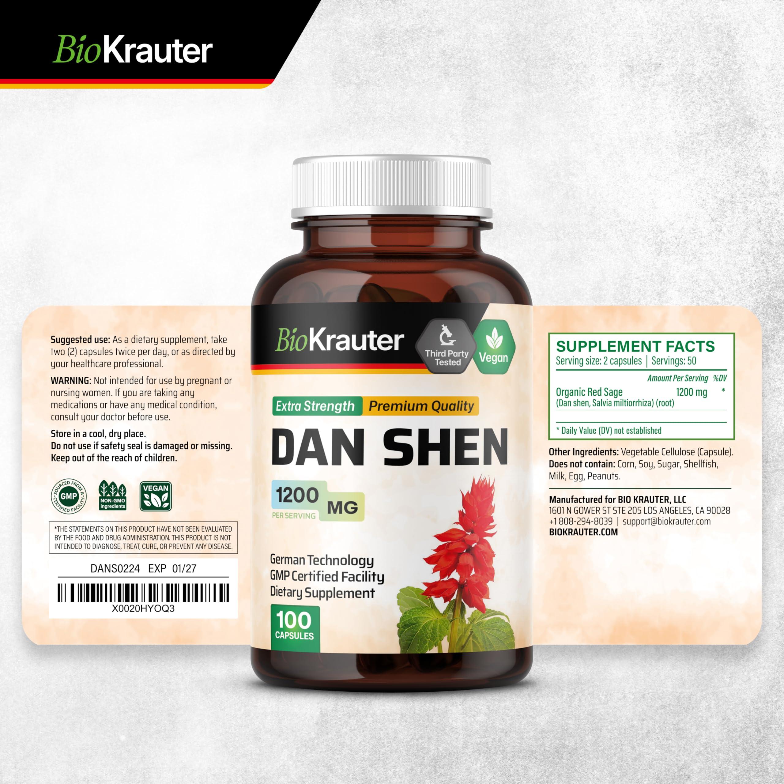BIO KRAUTER Dan Shen Root Capsules - 1200 mg Strength - 100 Red Sage Caps - Antioxidant Source - Salvia Miltiorrhiza Root - Vegan - Image 7