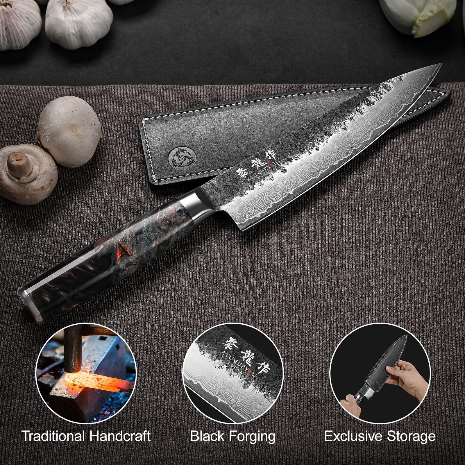 Japanese Chef Knife, 8 Inch Damascus Kitchen Knife with VG10 Steel Core, Professional Black Forged Kitchen Knives with Ergonomic Handle, Leather Sheath & Luxury Gift Box, Birthday Gifts for Men Women - Image 6