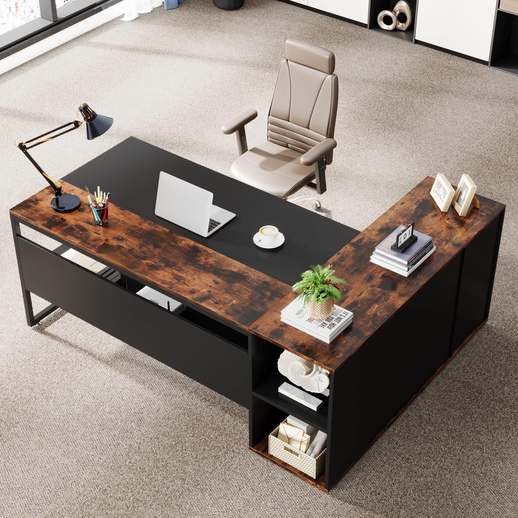 Tribesigns 71 inch Executive Desk, L Shaped Desk with Cabinet Storage, Executive Office Desk with Shelves, Business Furniture Workstation for Home Office, Brown and Black - Image 3