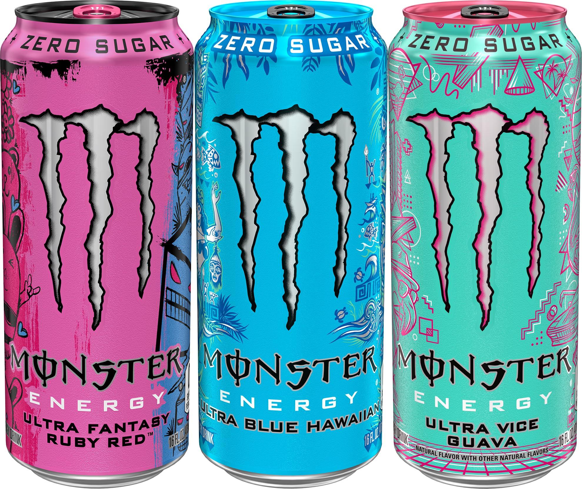 Monster Energy Ultra Variety Pack, Blue Hawaiian, Ultra Vice Guava, Ultra Fantasy Ruby Red, Sugar Free Energy Drink, 16 Ounce (Pack of 15) - Image 3
