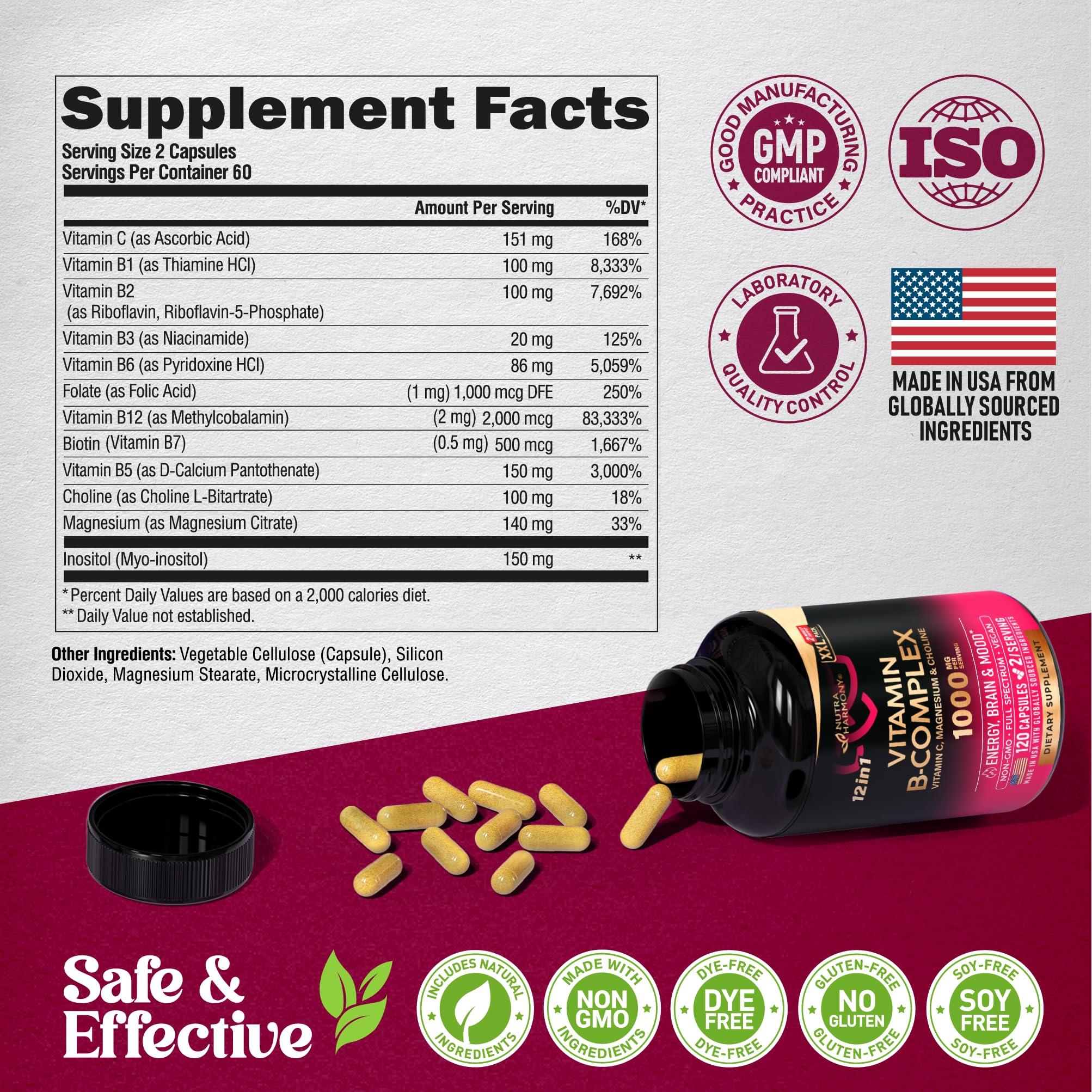 Vitamin B Complex for Men & Women - Made in USA - B-Complex: B1, B2, B3, B5, B6, B7, B8, B9, B12 with Vitamin C, Choline, Inositol - Energy, Brain & Heart Support Supplement, 120 Vegan Capsules - Image 7