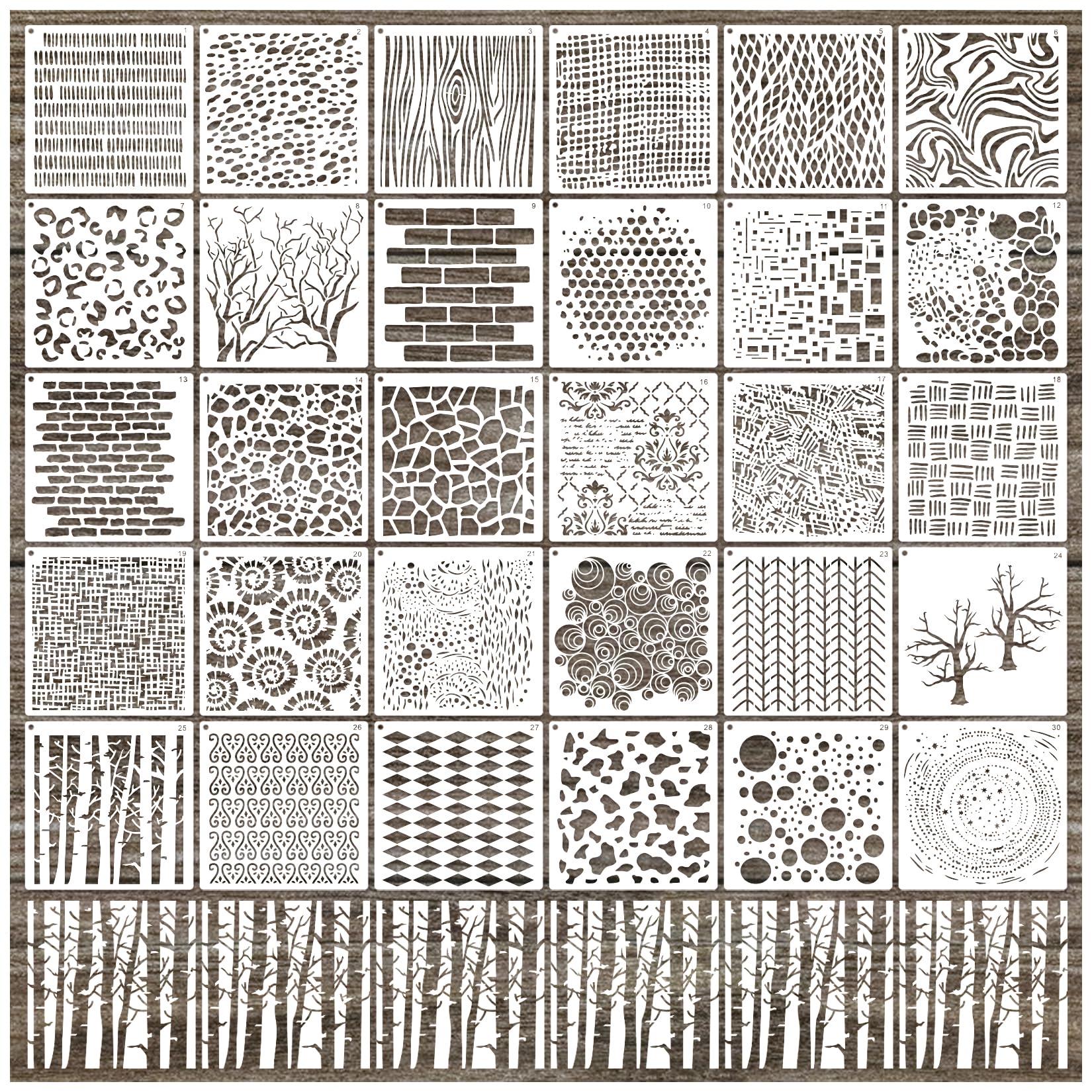 30pcs Texture Stencils for Crafts Reusable Mixed Media Geometric Brick Cubist Leopard Wood Grain Stencil Layering Stencils for Painting on Wood Wall DIY Background Furniture Card Canvas(texture30)