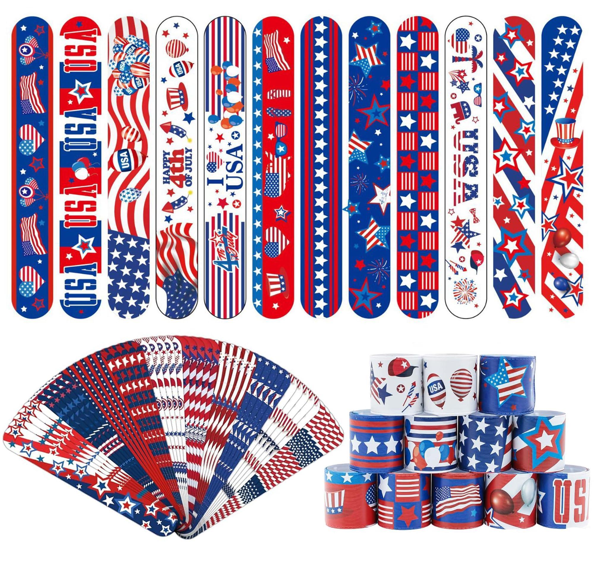 【12 Patterns 36PCS】 4th of July Slap Bracelets Bulk 4th of July Accessories Patriotic Party Favors Parade Throws Fourth of July Party Supplies Toys Gifts USA Accessories Fourth of July Deals
