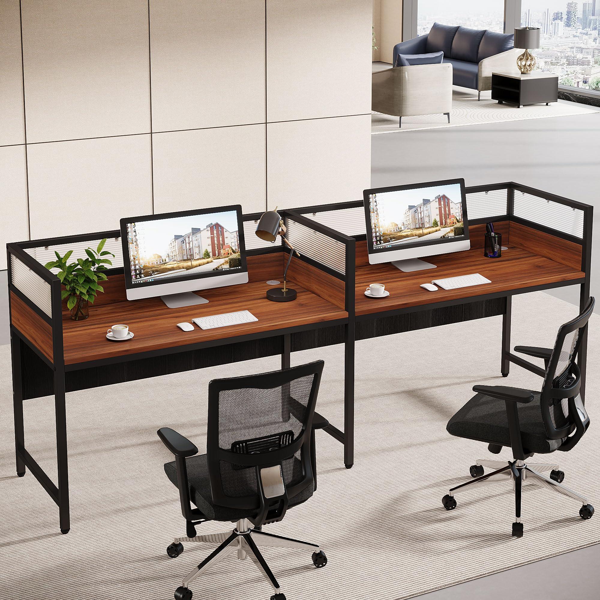 Tribesigns 94.48" Two-Person Office Desk with Privacy Panel, Long Computer Double Desk for 2 People, Modular Workstation Table with Wire Grommet for Office, Brown & Black