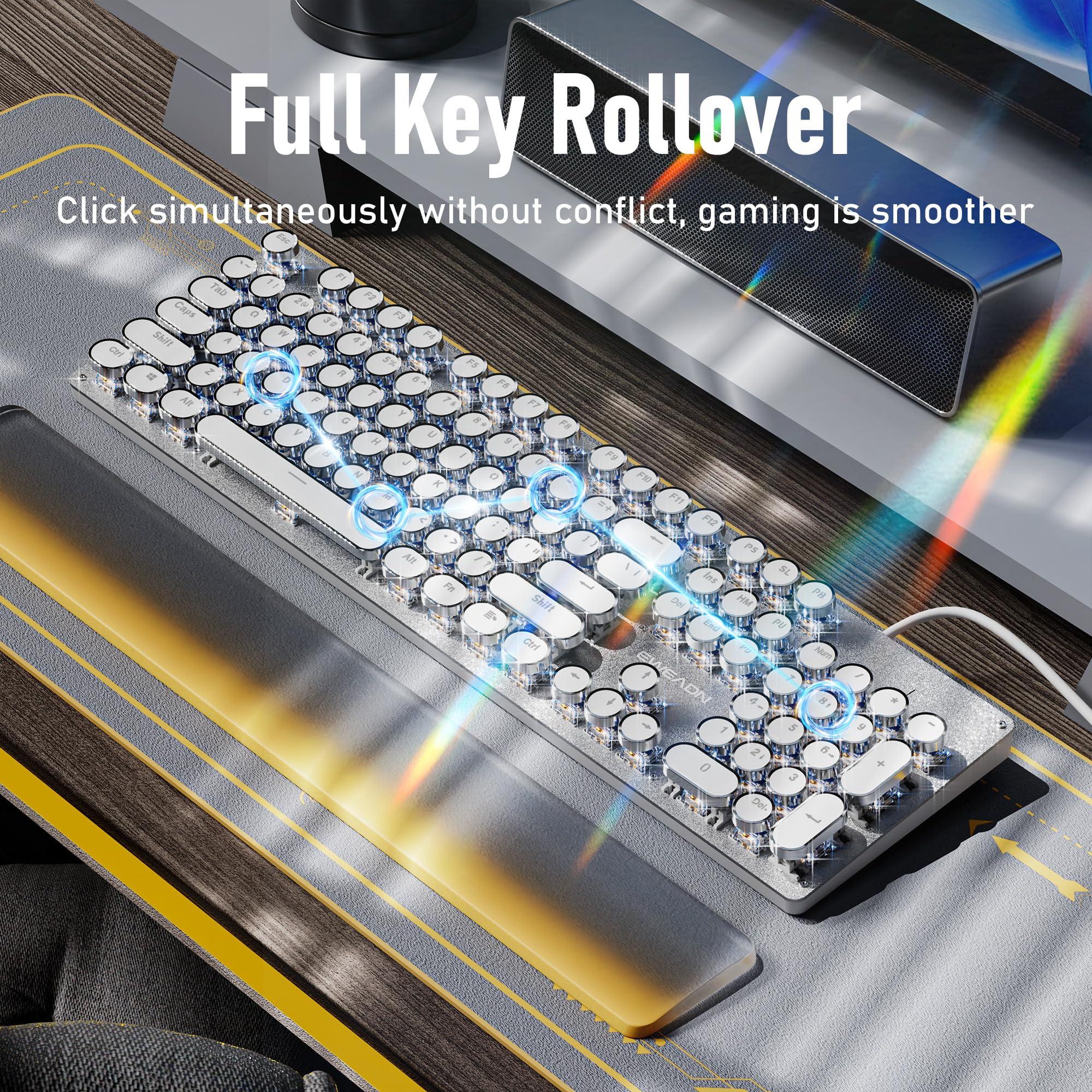 SEUNKWANG EWEADN TK100 Typewriter Style Wired Mechanical Keyboard, 104 Keys Aesthetic Typewriter Keyboard with White Backlit, Anti-Ghosting, Blue Switch Wired Cute Keyboards-White - Image 5