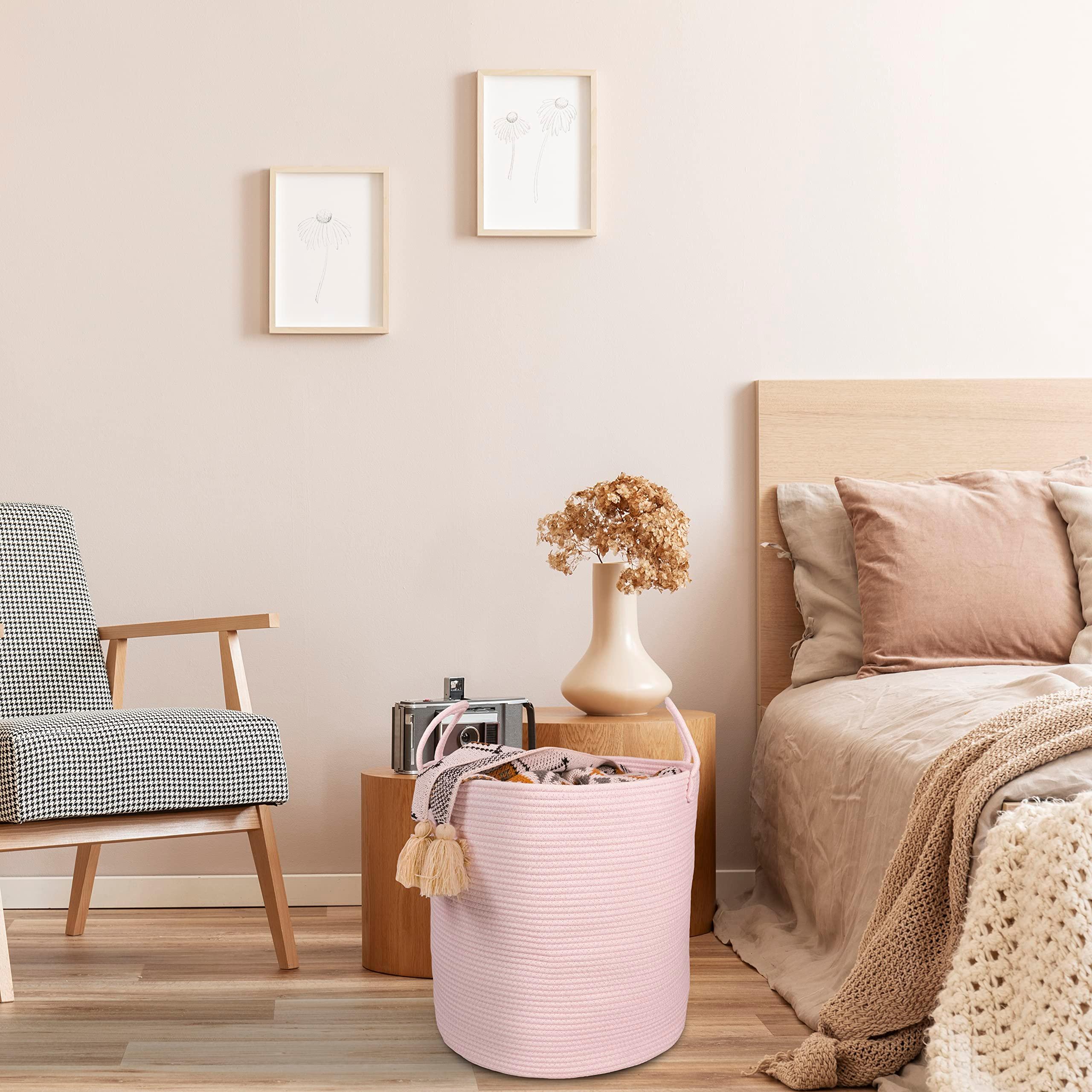 XUANGUO Cotton Rope Laundry Basket Hamper for Girls Kids Baby Nursery Hamper Bin Woven Storage Basket for Living Room Girls room Boho Tall Rope Baskets for Blanket Toys Large light pink - Image 5
