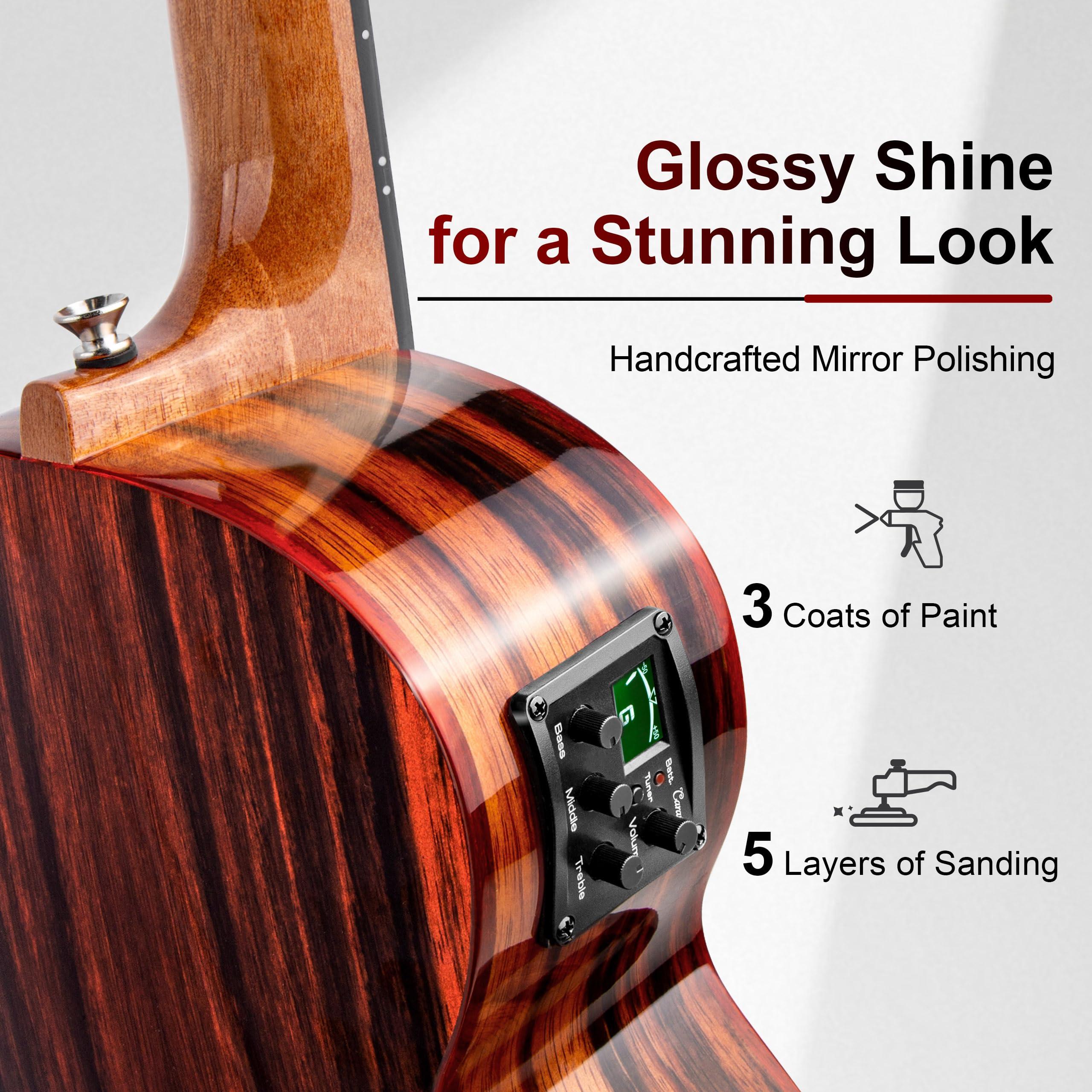 Caramel TEG91 Cuteway Ebony Glossy Tenor Acoustic & Electric Ukulele with Armrest | 26-inch Handmade Professional Ukelele Kit with Accessories - Image 3
