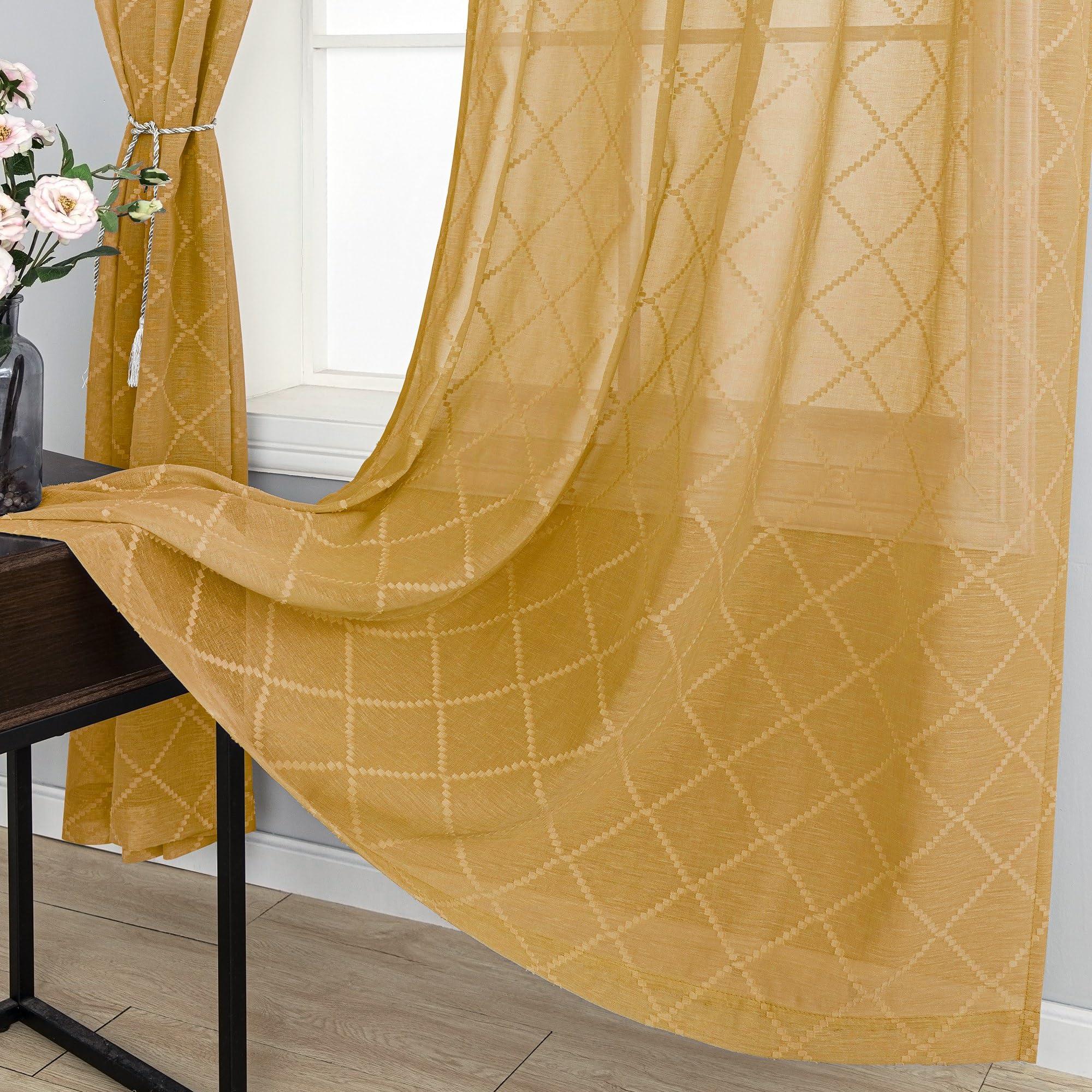 KOUFALL Gold Curtains for Living Room 84 Inches Long,Sheer Geometric Fancy Sheers Mid Century Modern Boho Curtains for Bedroom 2 Panels Set - Image 2