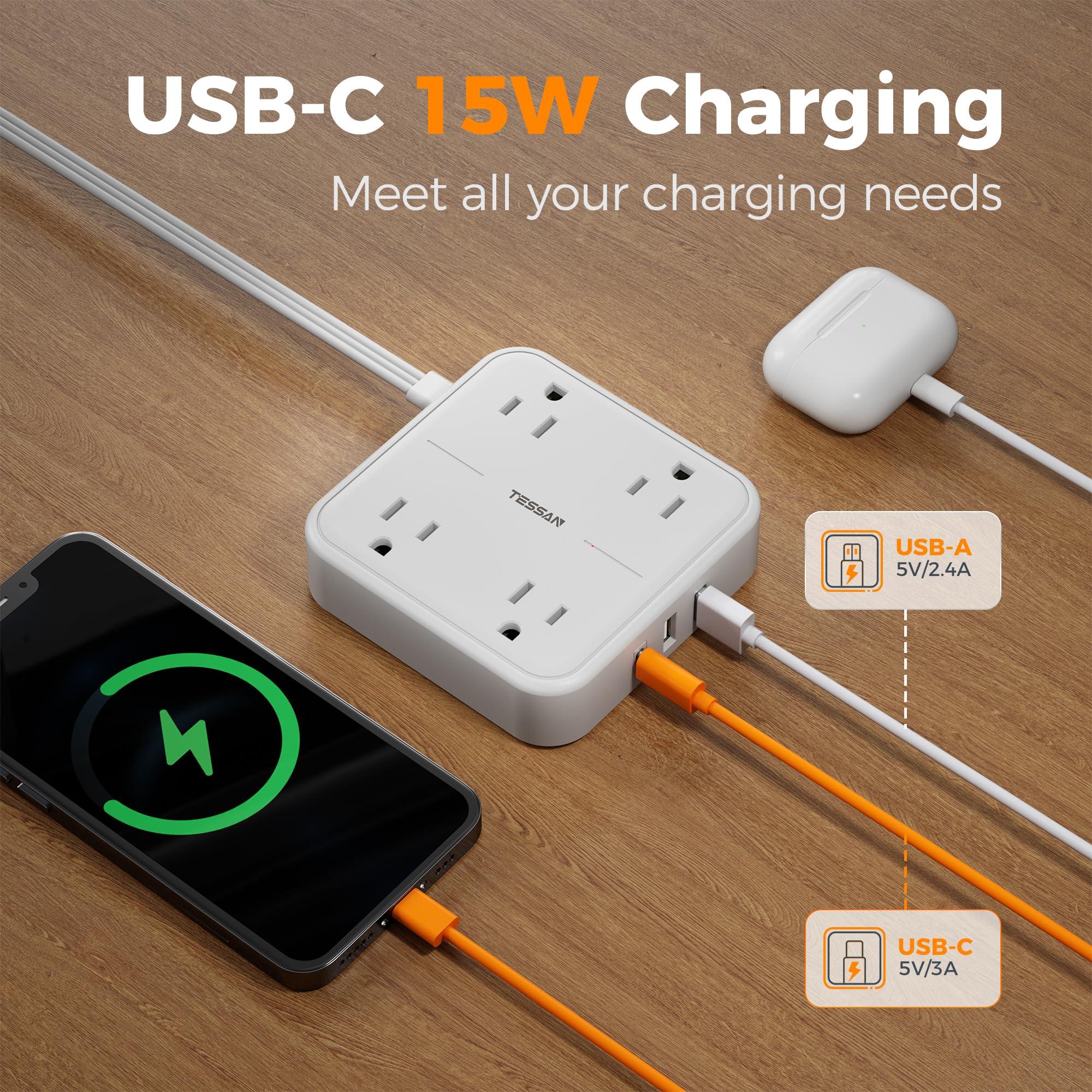Surge Protector Flat Extension Cord 5FT, TESSAN Flat Plug Power Strip with 4 Outlets 3 USB C Ports (1 USB C), 900 Joules Protection, Multiple Wall Outlet Extender Suitable for Home Office Dorm, White - Image 3