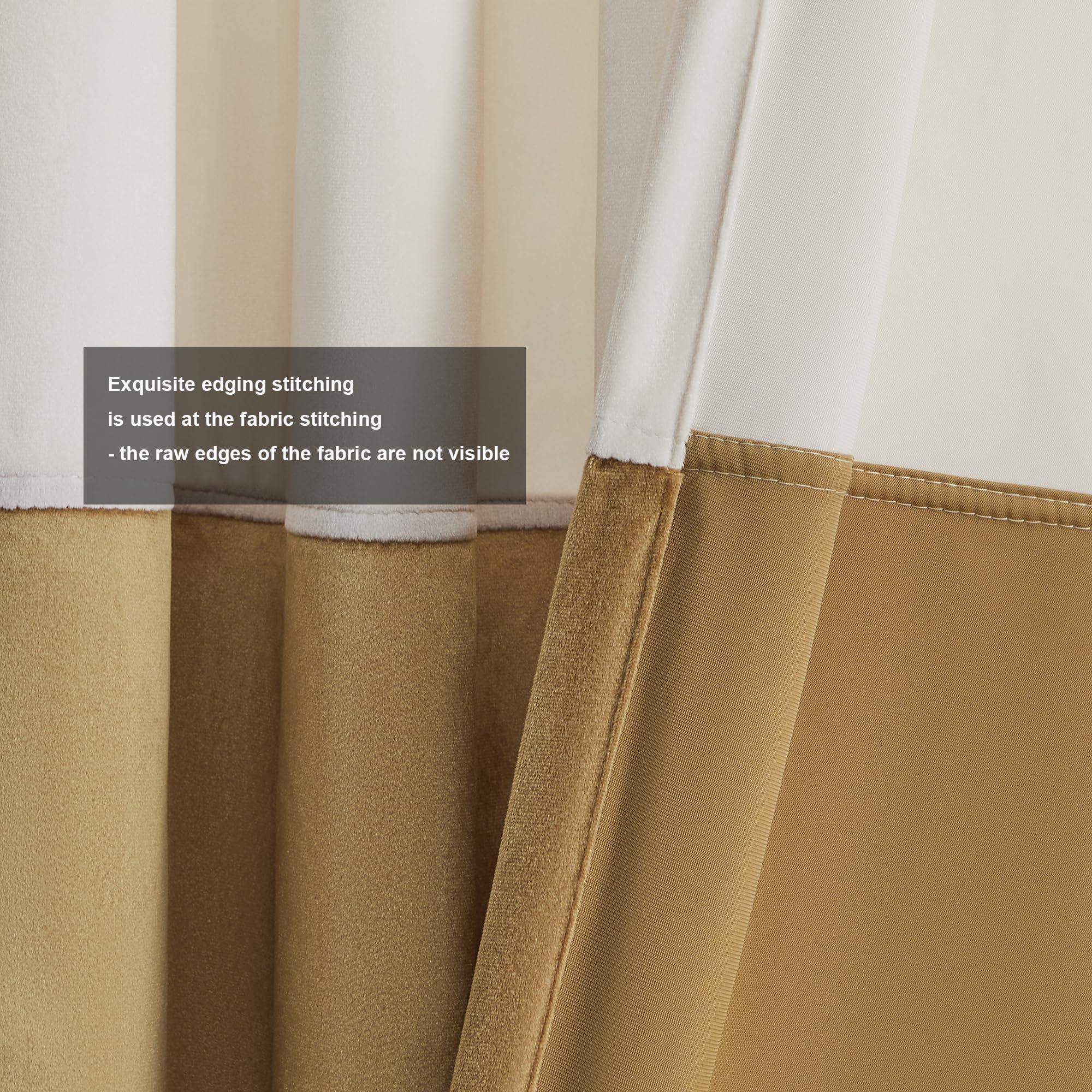 BULBUL Color Block Window Curtains Panels 84 inches Long Cream Ivory Gold Velvet Farmhouse Drapes for Bedroom Living Room Darkening Treatment with Grommet Set of 2 - Image 4