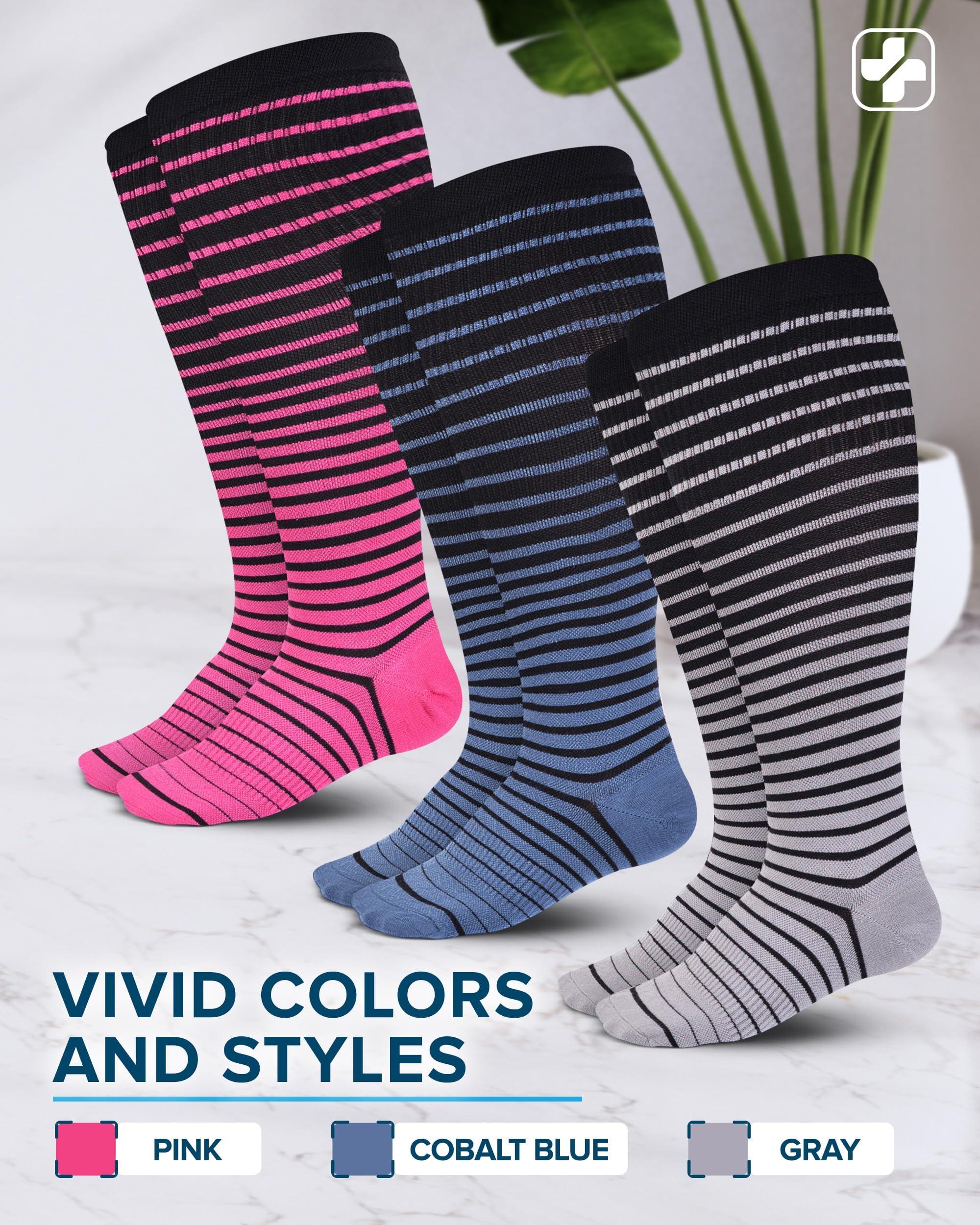 Doctor's Select 3 Pairs Plus Size Compression Socks Wide Calf | Bamboo Viscose Knee High Socks | Extra Wide Calf | Pink, Cobalt Blue, Grey (Black Stripes) - Image 3