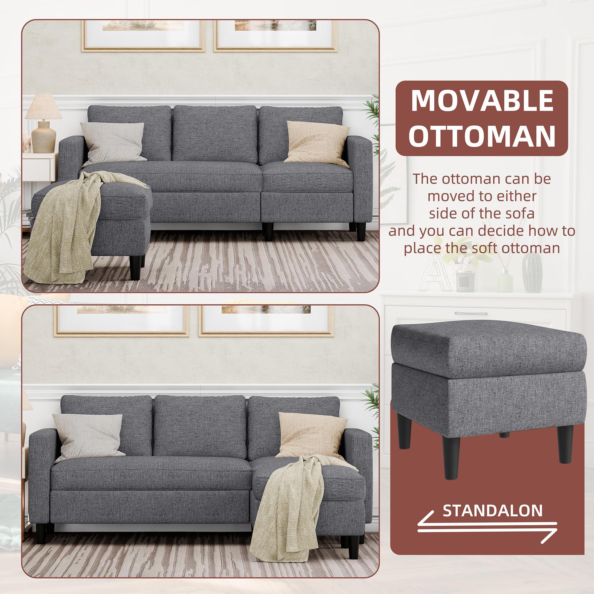 JAMFLY Sectional Sofa Couch Convertible L Shaped Sofas with Ottoman Small Sectional Couches for Living Room, 3 Seater Couch for Small Spaces, Dark Grey - Image 6