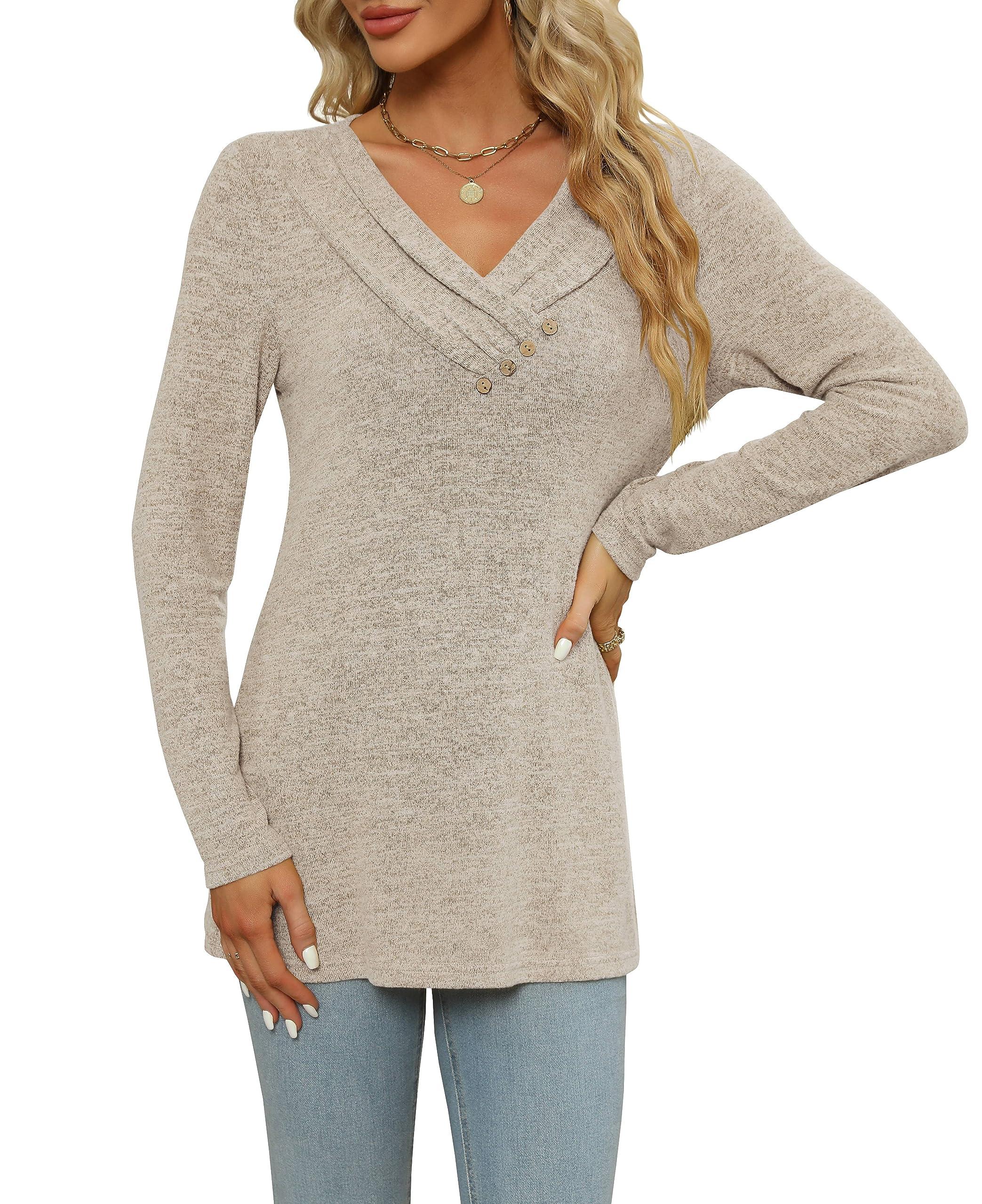 FMEYOA Women's Fall Long Sleeve Tunic Tops for Leggings V Neck Button Casual Blouse Sweatshirt - Image 6