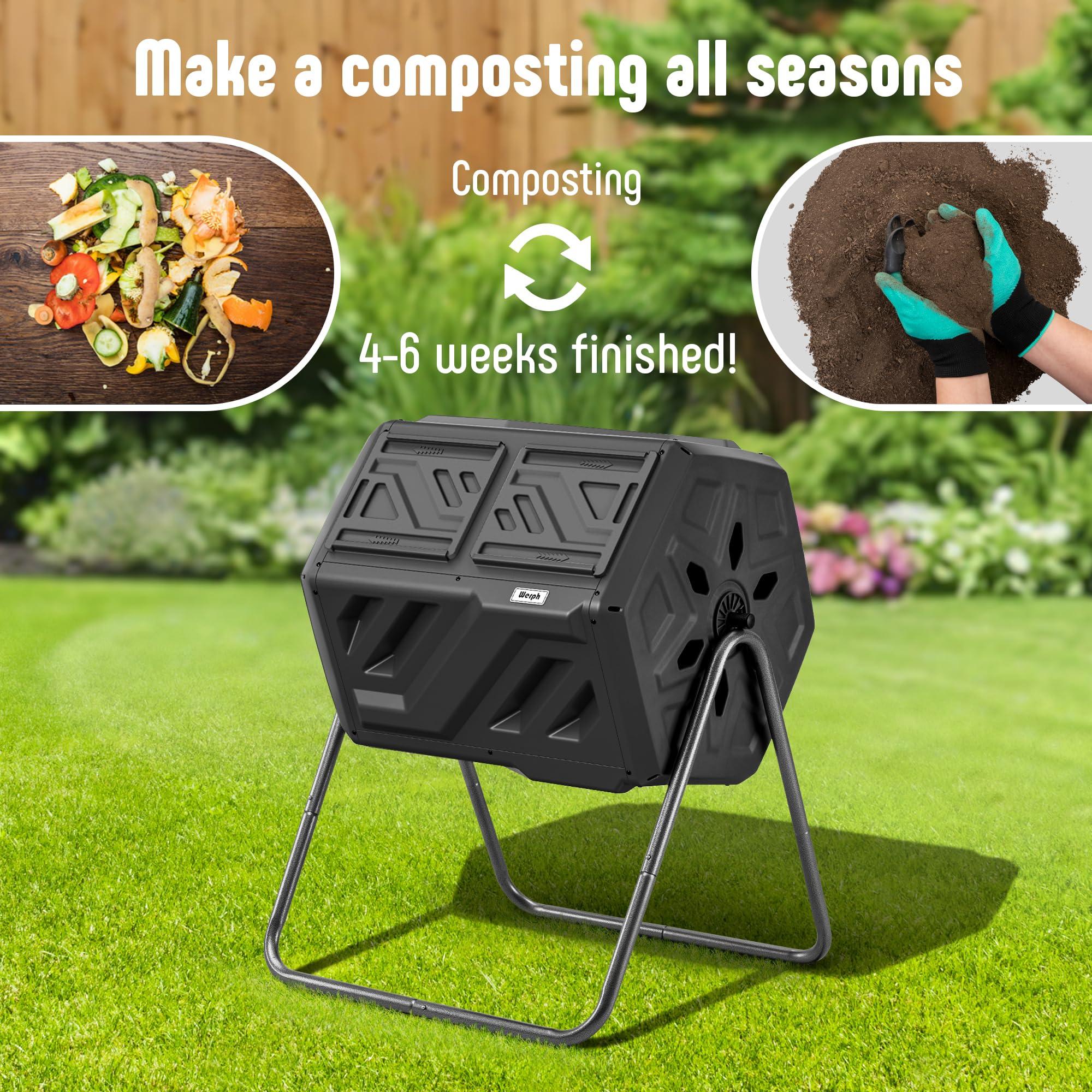 Werph Compost Bin, Outdoor Composter, Fast Assembly 43 Gallon Dual Chamber Outdoor Compost Tumbler, Heavy Duty Tumbling Rotating Composter for Patio, Garden,Yard, Black, Easy Setup, Gloves Included - Image 9