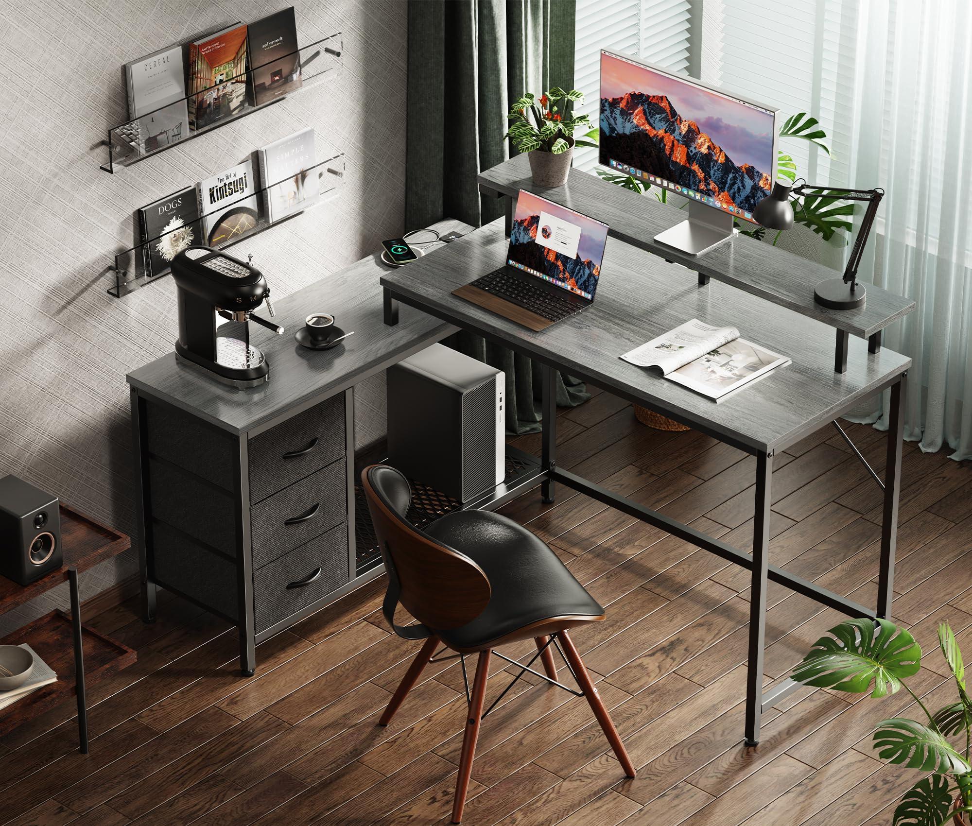 Huuger Reversible L Shaped Computer Desk with Drawers, Gaming Desk with LED Lights and Power Outlets, Office Desk with Storage Shelves, Corner Desk with Monitor Stand, for Home & Office, Gray - Image 3