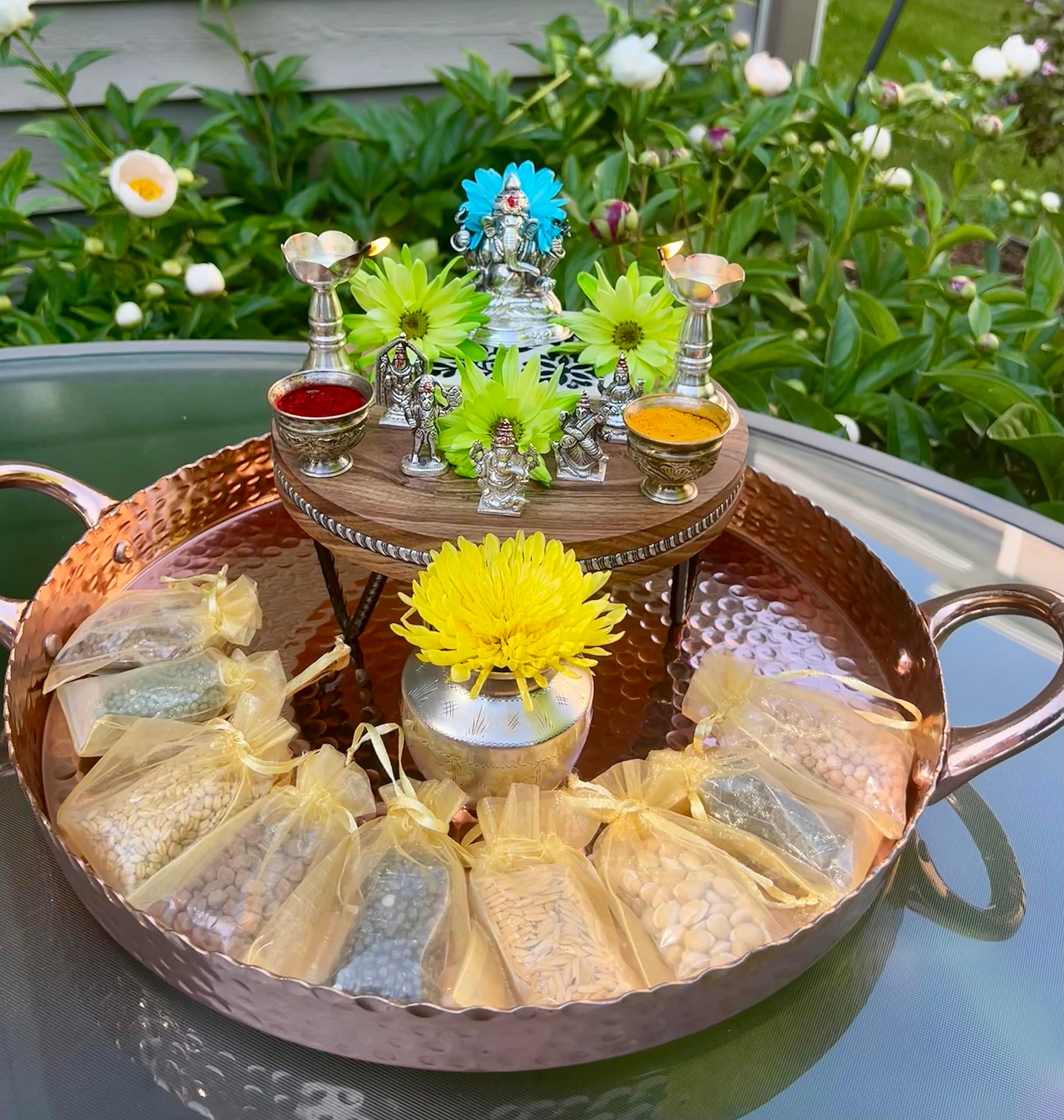 Navadhanya Pooja Kit - With Rice Paddy - Gruhapravesam - Satyanarayana - Navaratri - Navagraha - 9 Grains - 9 Planets - Hindu Ritual - Hinduism. Beautifully packed for home and temple Puja (Navadhanyam, Navadhanyalu). These Navadhanya's are offered during Homa, Puja , Gruhapravesam and house warming ceremony for Navagraha Shanthi. - Image 2