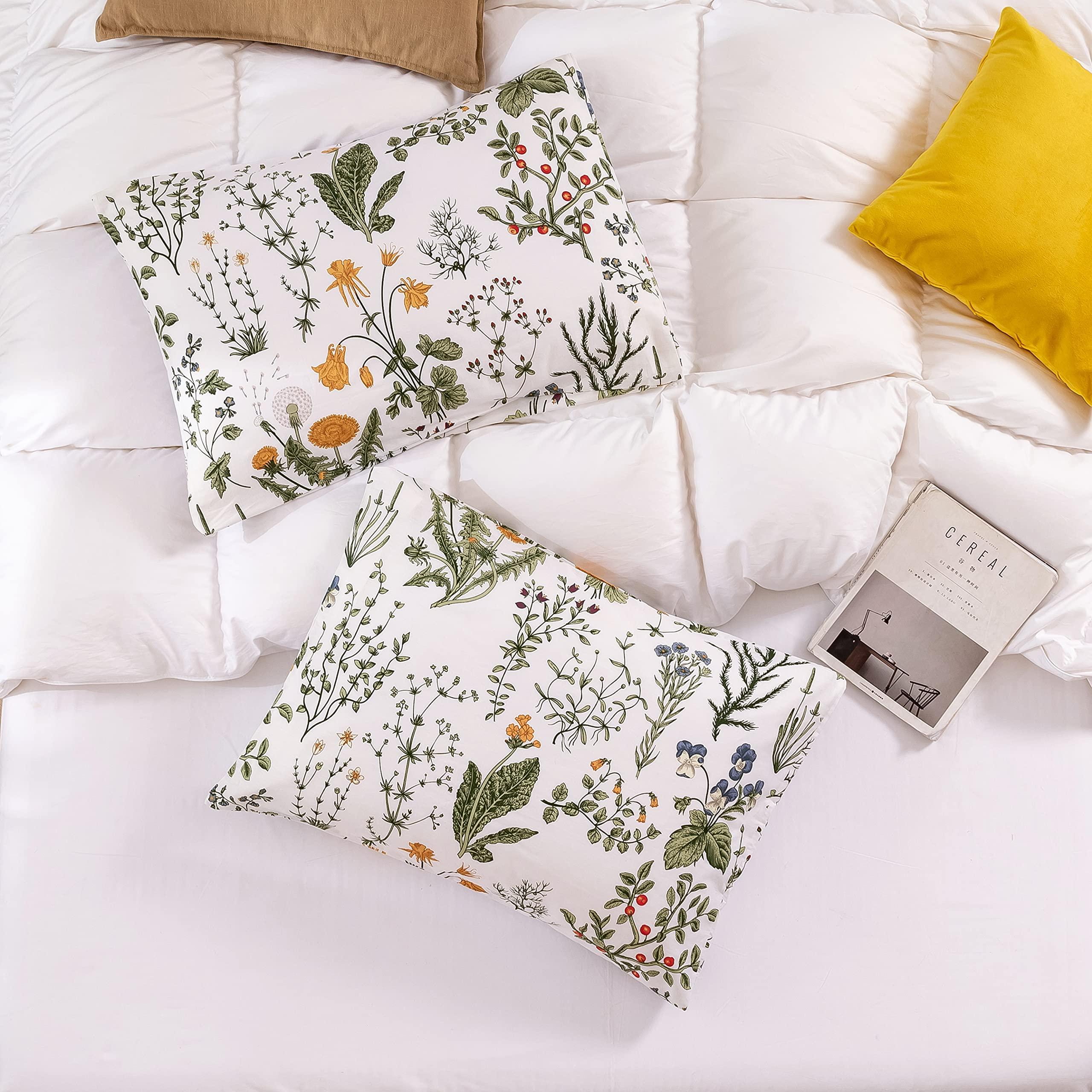 ECOCOTT 2 Pack Pillowcase Queen Size with Green Botanical Floral Leaves Pillow Cases Set, 100% Cotton Queen Pillow Covers Envelope Closure (Queen, 20"x30") - Image 3