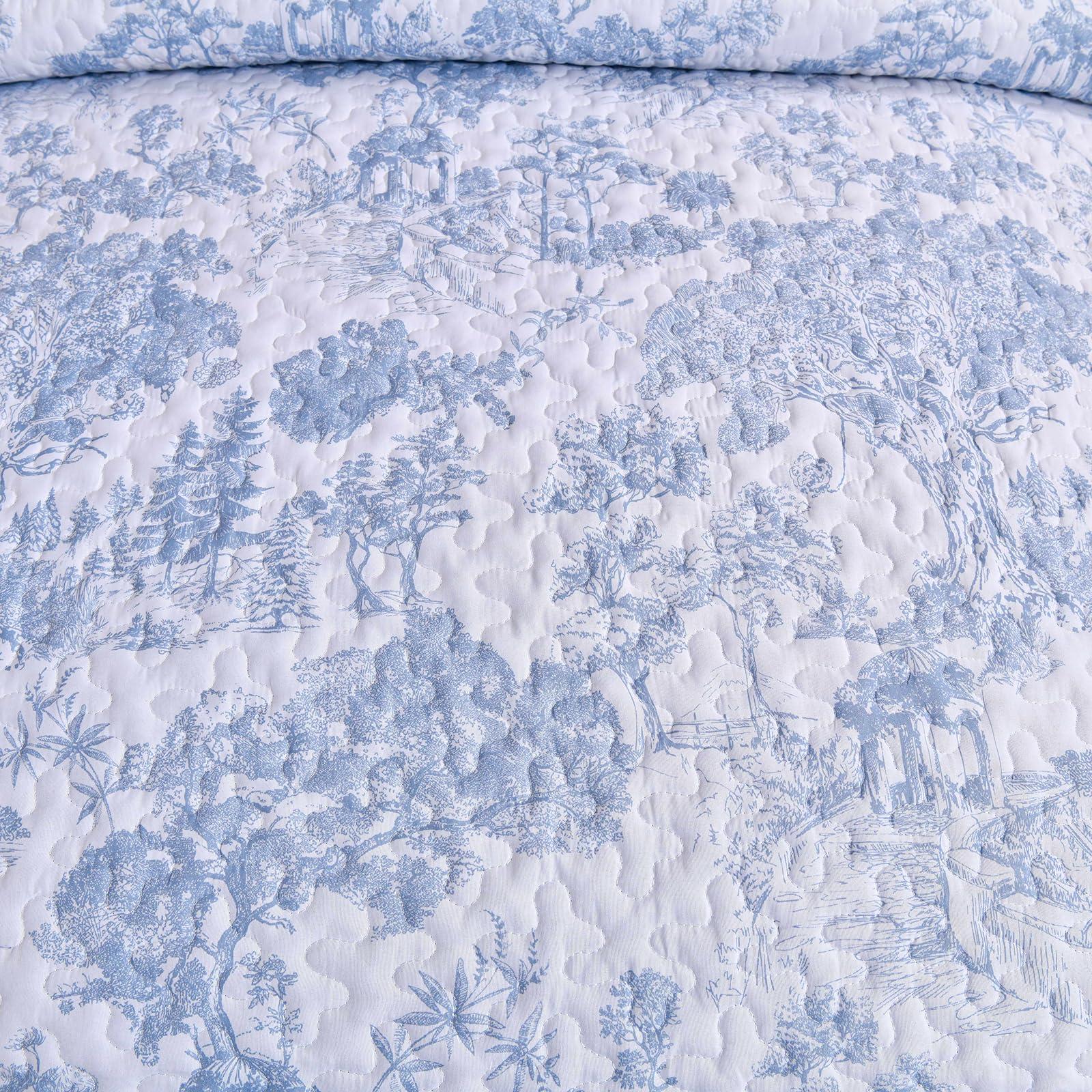 WONGS BEDDING Blue Quilt Set King Size, 3 Pieces Botanical Bedspreads Set Lightweight Microfiber Blue Toile Plants Pattern Coverlet Home Decor for All Seasons(104"×90") - Image 6