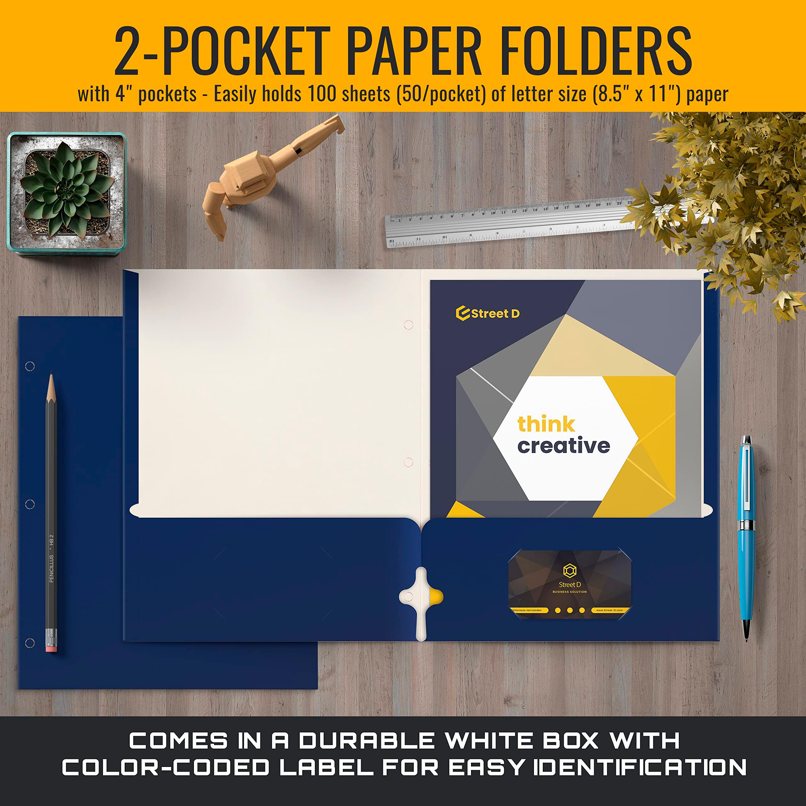 Better Office Products Two Pocket Portfolio Folders, 50-Pack, Blue, Letter Size Paper Folders, 50 Pieces, Blue - Image 3
