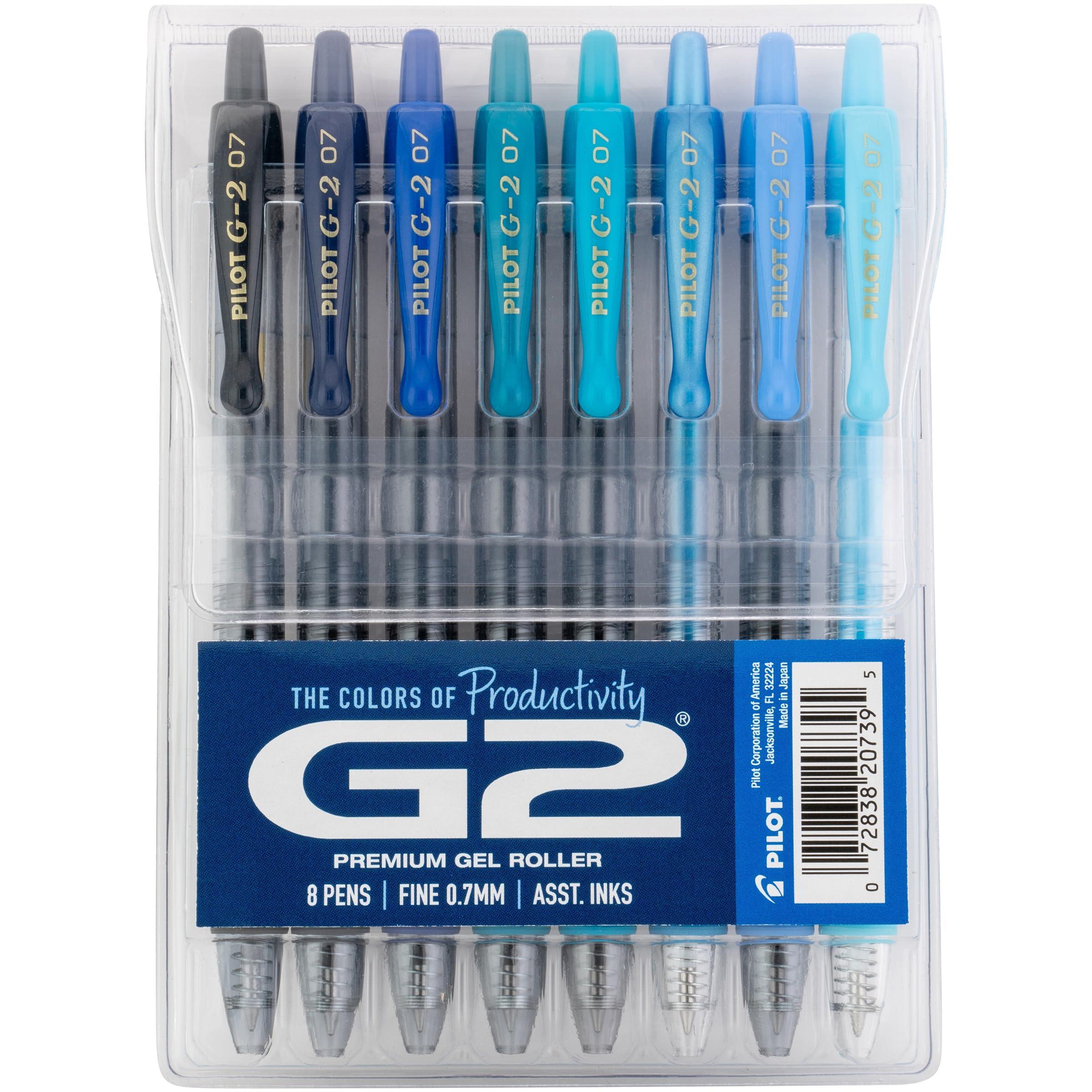 PILOT, G2 Premium Gel Roller Pens, G2 Boost Blues Pack, The Colors of Productivity, 8 Pack Pouch, Fine Point 0.7 mm, Assorted
