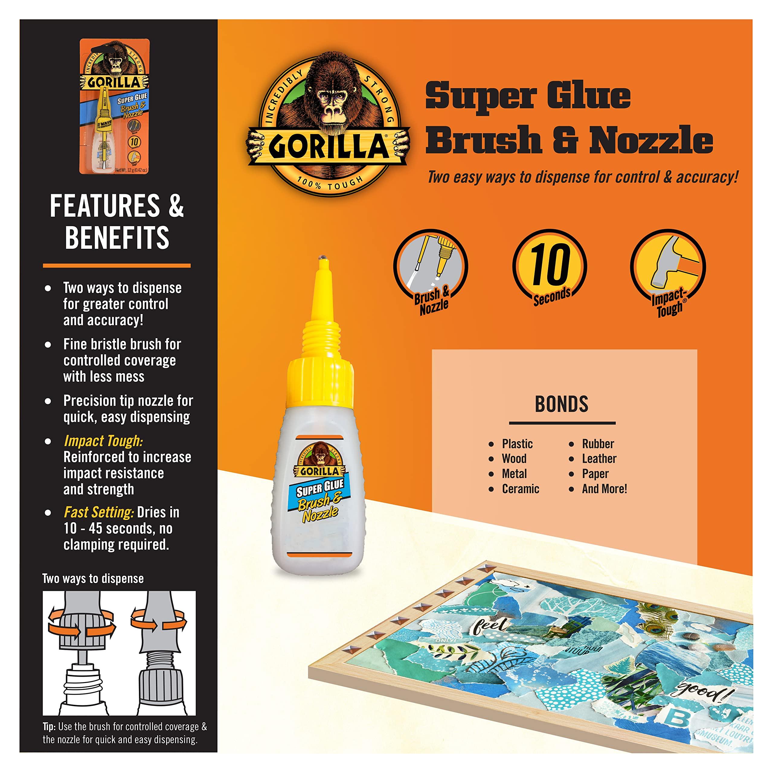 Gorilla Super Glue with Brush & Nozzle Applicator, Clear Glue, 12 Gram (Pack of 1) - All Purpose and Fast Setting for Projects and Repairs - Image 3