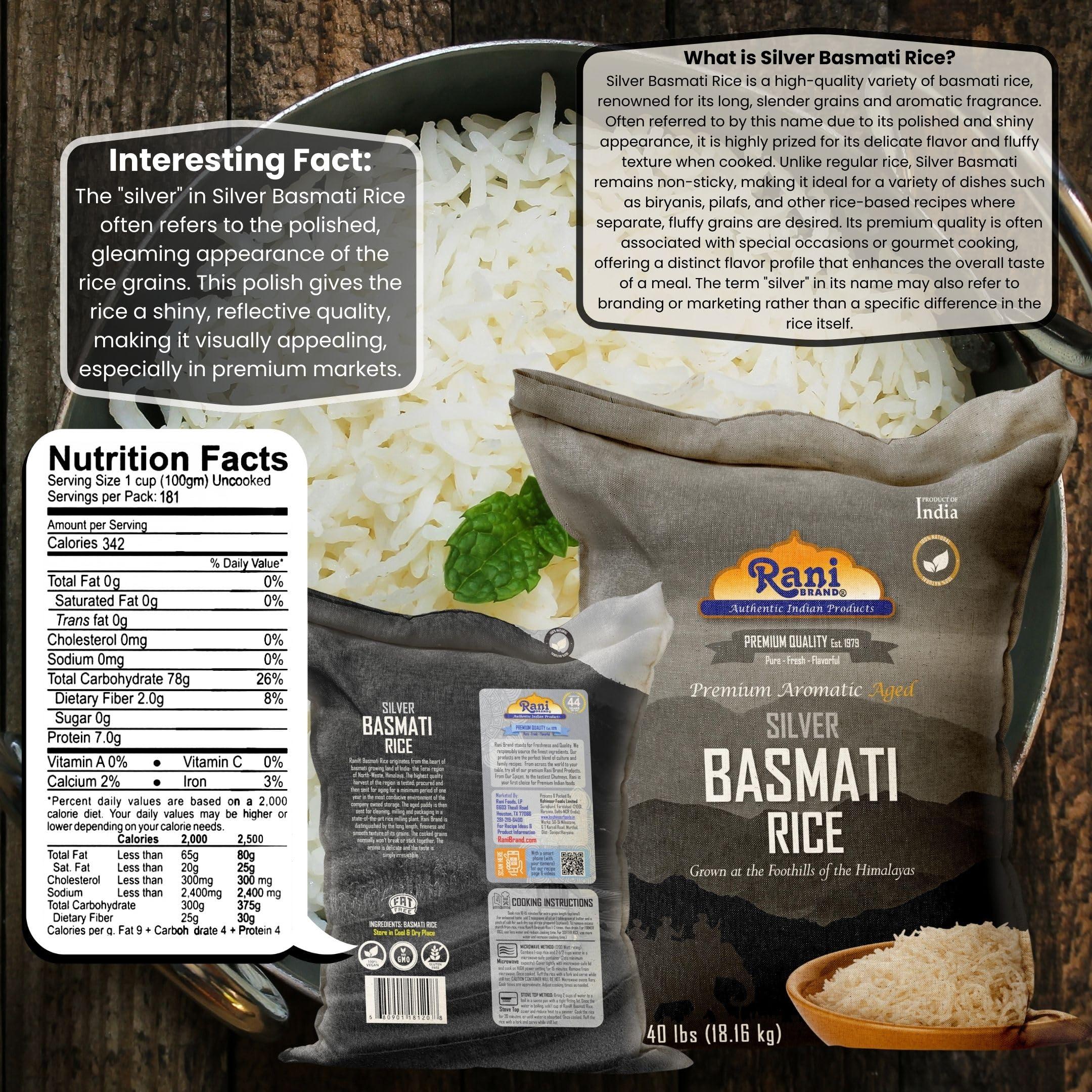 Rani Silver White Basmati Rice Extra Long Aged 40-Pound Bag, 640oz (40lbs) 18.16kg ~ All Natural | Gluten Friendly | Vegan | Indian Origin | Kosher | Export Quality - Image 2