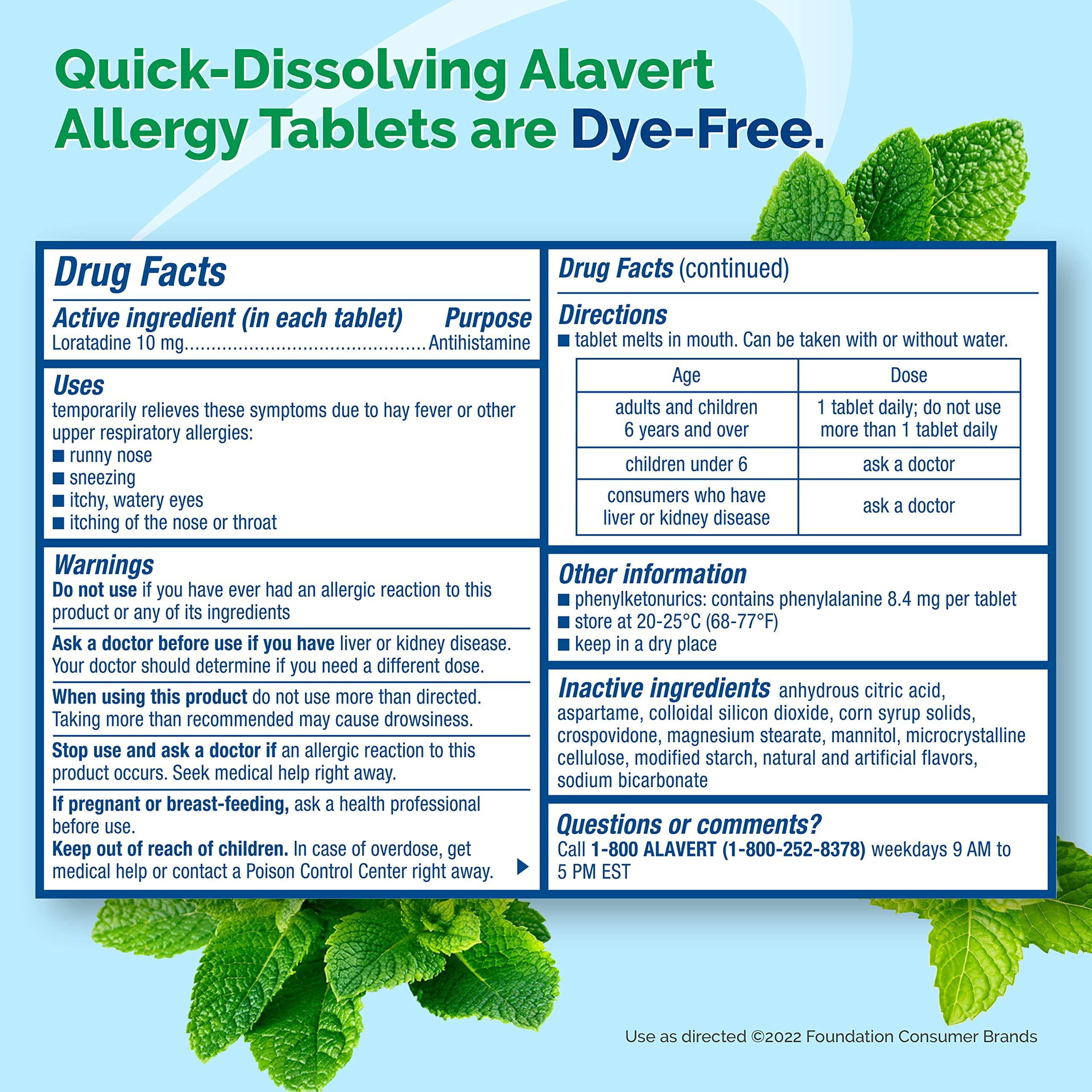 Alavert Allergy 24 Hour Relief, Fresh Mint Flavor, Orally Disintegrating Allergy Tablets, Non-drowsy Antihistamine, Loratadine 10mg, 60 Count - Image 4