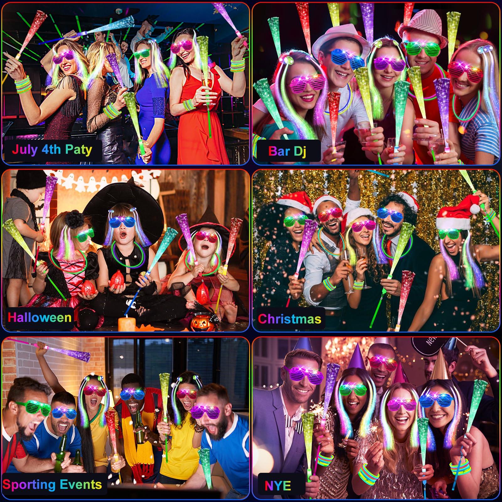 OLUPP 148 PCS Glow in the Dark Party Supplies, 16 Fiber Optic Wands, 14 LED Glasses, 100 Glow Sticks and 18 LED Hair Clips Fiber Optic for Neon Party, Wedding, Birthday, Concert, New Year - Image 5