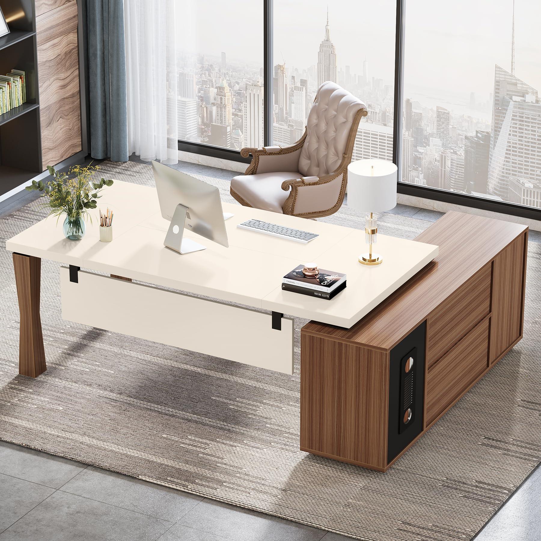 Tribesigns 78.7-Inch Executive Desk, L-Shaped Desk with Cabinet, Large Office Desk with Storage Shelves, Writing Table Business Furniture Set for Home Office, Cream White Walnut - Image 5