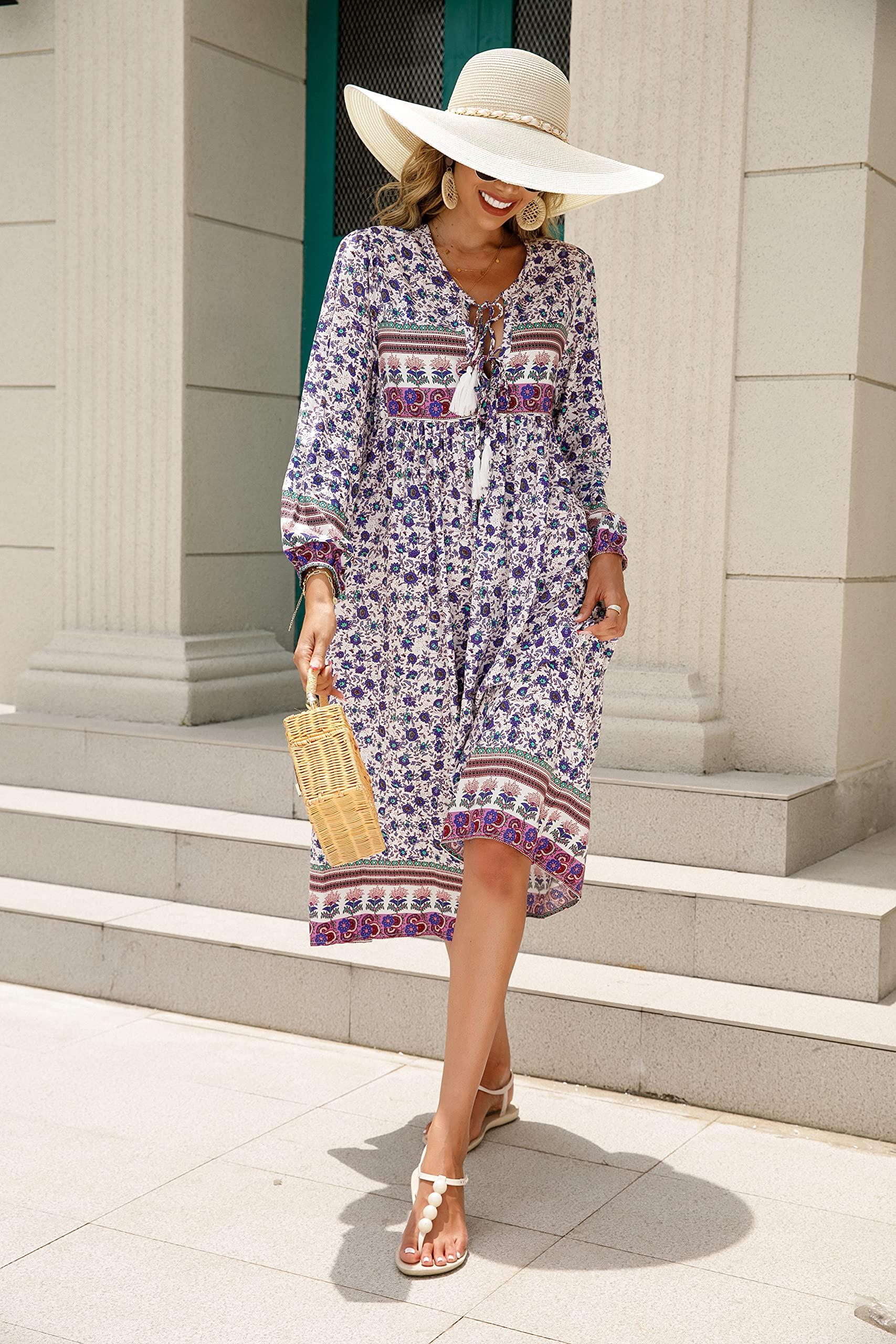 R.Vivimos Women's Long Sleeve Floral Print Retro V Neck Tassel Bohemian Midi Dresses - Image 4