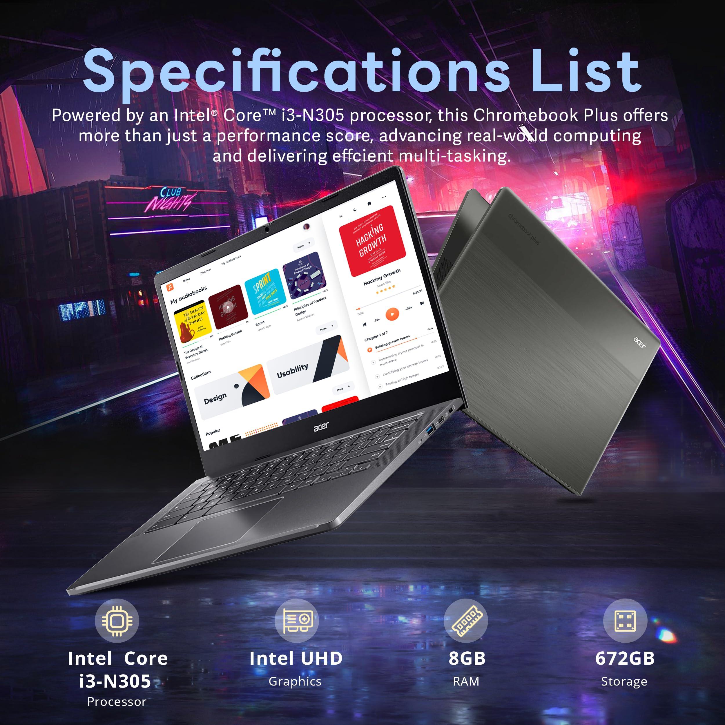 acer Chromebook Plus 14" FHD Touchscreen Laptop, Intel i3-N305 Processor, 8GB LPDDR5 RAM, 672GB Storage (512GB SSD+160GB Docking Station Set), Intel UHD Graphics, Wi-Fi 6E, Chrome OS, Gray - Image 3