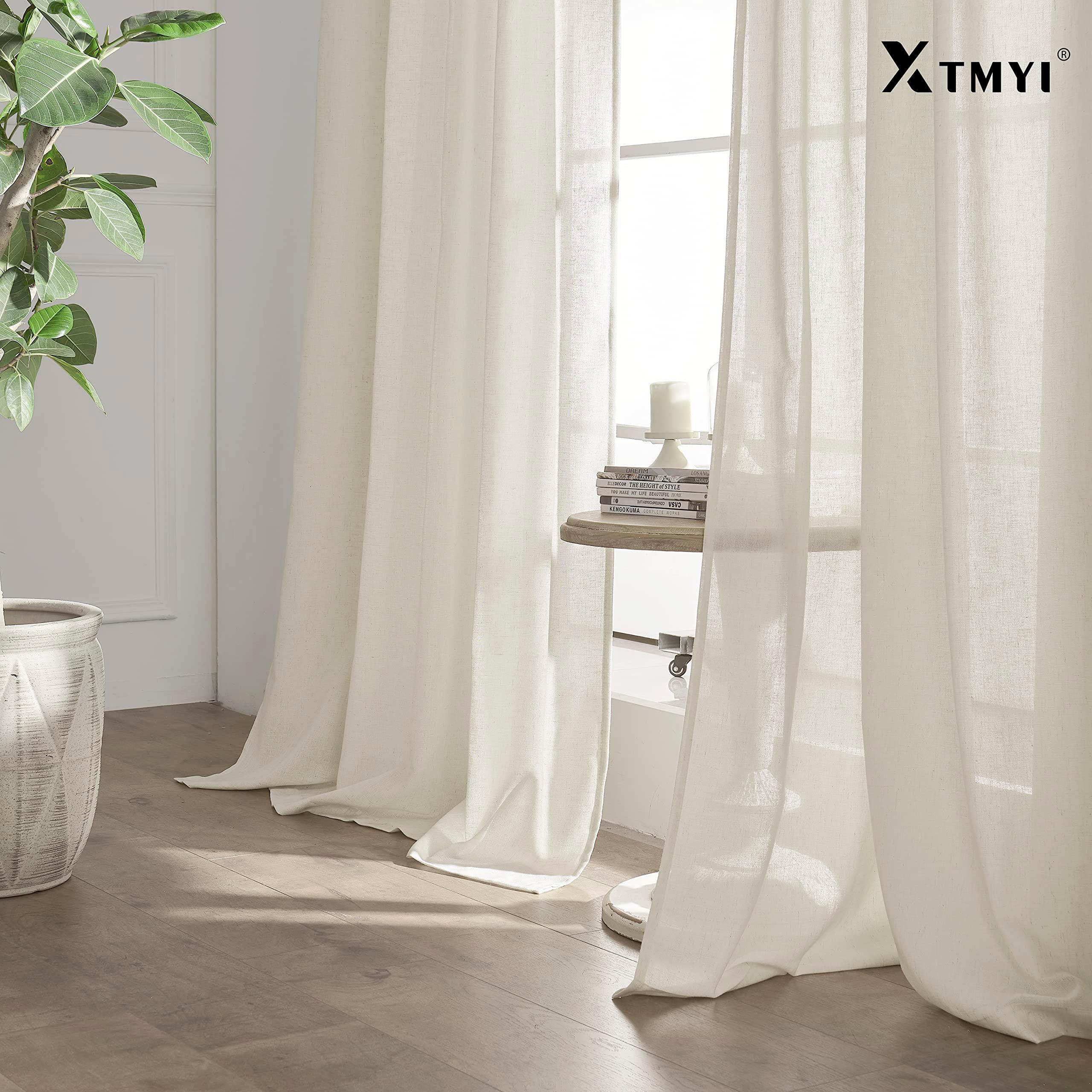 XTMYI Linen Cotton Farmhouse Curtains for Living Room Bedroom 84 Inches Long Two Sheer Hook Belt Pleated Back Tab Birch Off White Ivory Neutral Boho Sour Cream Curtain Drapes 84 Length 2 Panels Set - Image 9