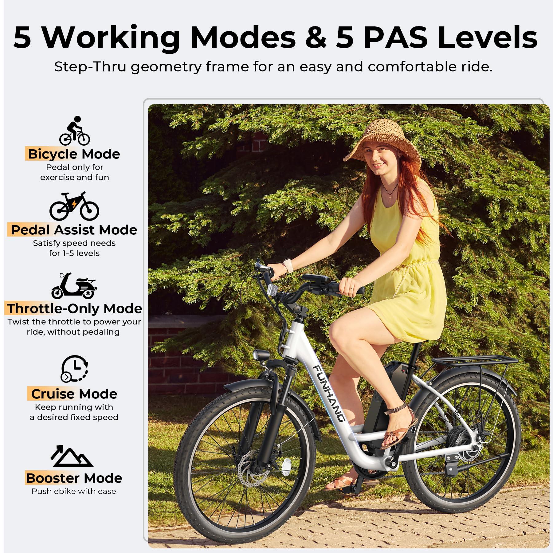 Funhang Electric Bike for Adults, 1000W Peak Ebike, 21.7MPH 50Miles City Cruiser Ebikes, 26" Step Thru Electric Bicycle with 48V Removable Battery, Adjustable Stem, Rear Rack, Front Suspension,7 Speed - Image 6