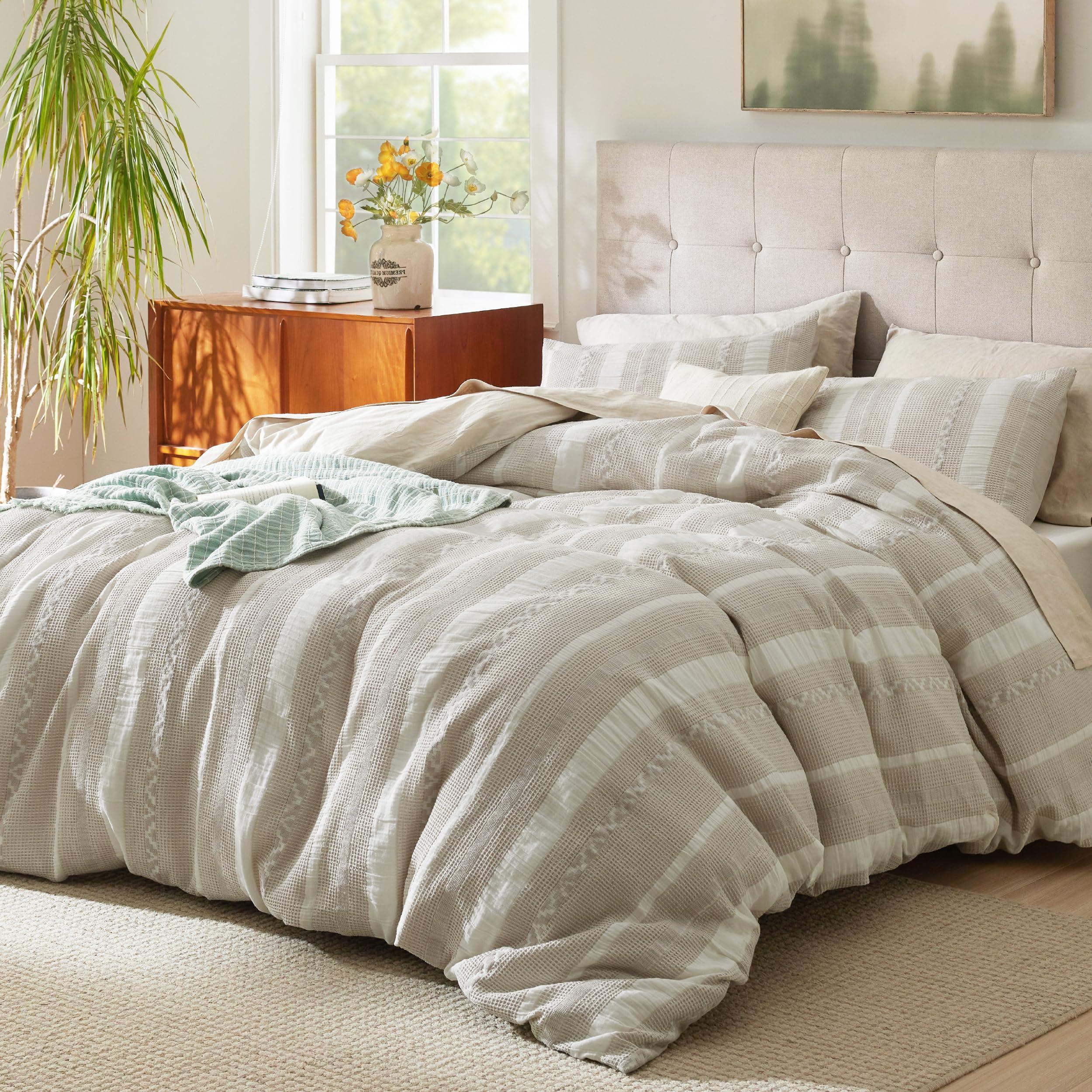 Bedsure Waffle Queen Comforter Set - Linen Soft Cotton Bedding Set for All Seasons, Stripe Fluffy Bed Set 3 Pieces with 1 Waffle Weave Comforter Queen Size and 2 Pillow Shams - Image 2
