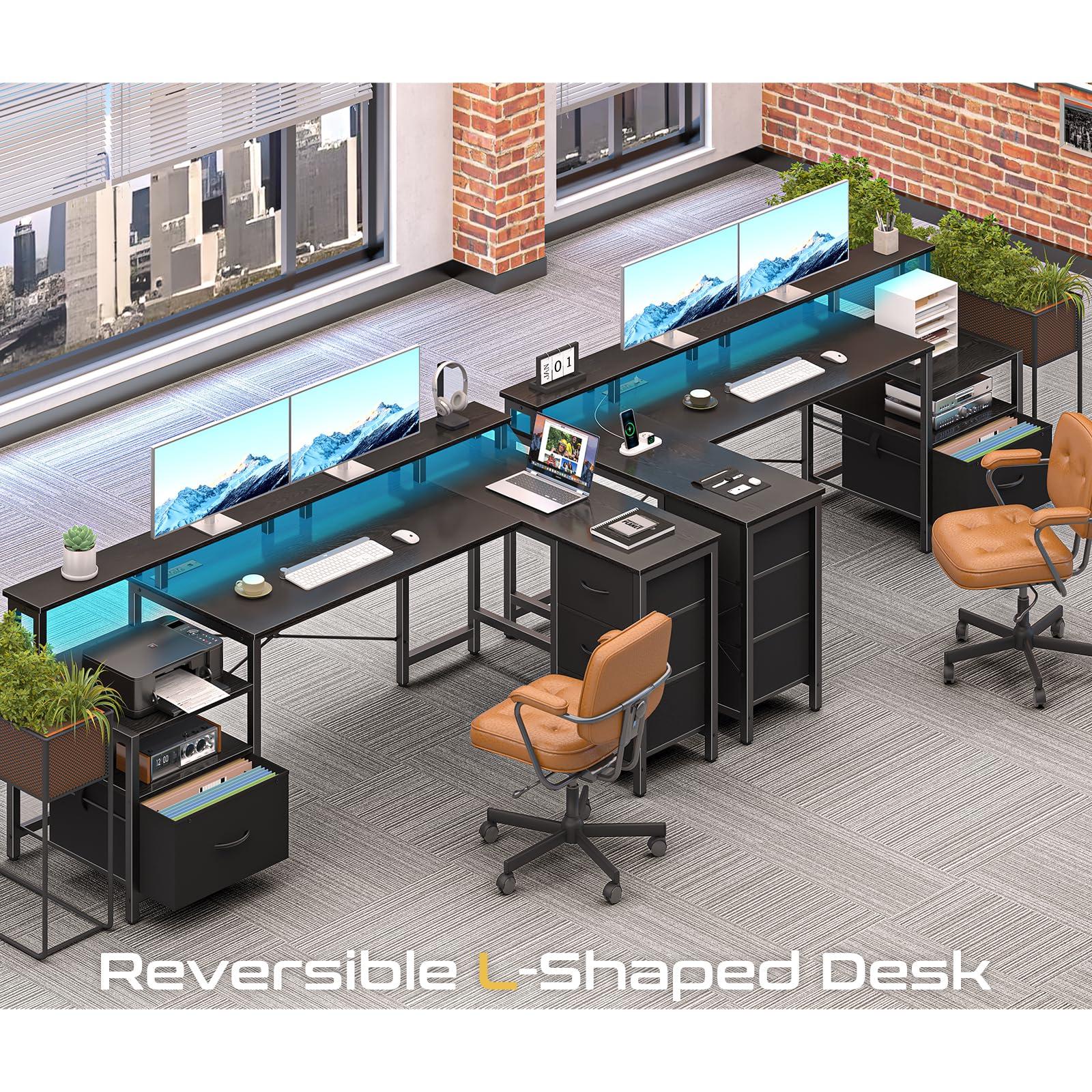 Yoobure L Shaped Desk with Drawers, Gaming Desk with LED Lights & Outlets, 75" Reversible Computer Desk with Storage File Cabinet & Printer Stand, Corner Desk Office Desk with Dual Monitor Stand Black - Image 6