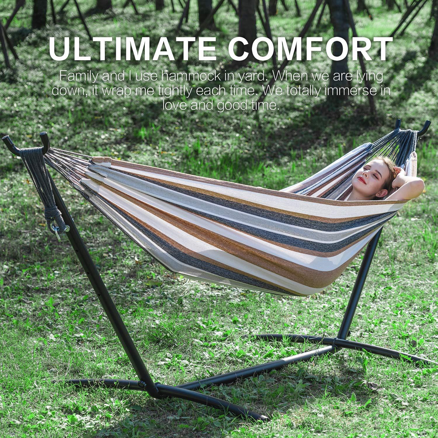 PNAEUT Double Hammock with Space Saving Steel Stand Included 2 Person Heavy Duty Outside Garden Yard Outdoor 450lb Capacity 2 People Standing Hammocks and Portable Carrying Bag (Coffee) - Image 2