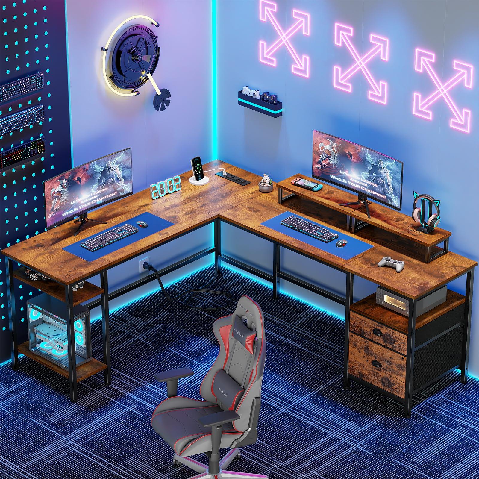 Furologee 66” L Shaped Desk with Power Outlet, Reversible Computer Gaming Desk with File Drawer & 2 Monitor Stands for Home Office with Storage Shelves, Rustic Brown - Image 2